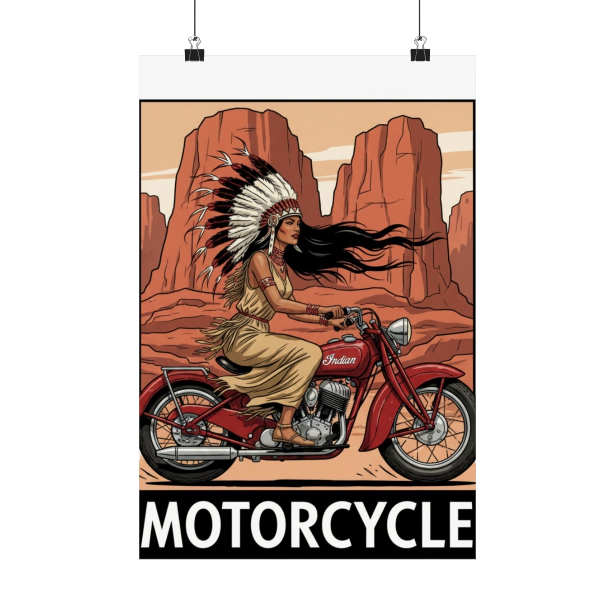 Motorcycle Vintage Poster — Native Woman on Red Indian Bike Matte Vertical Art Print
