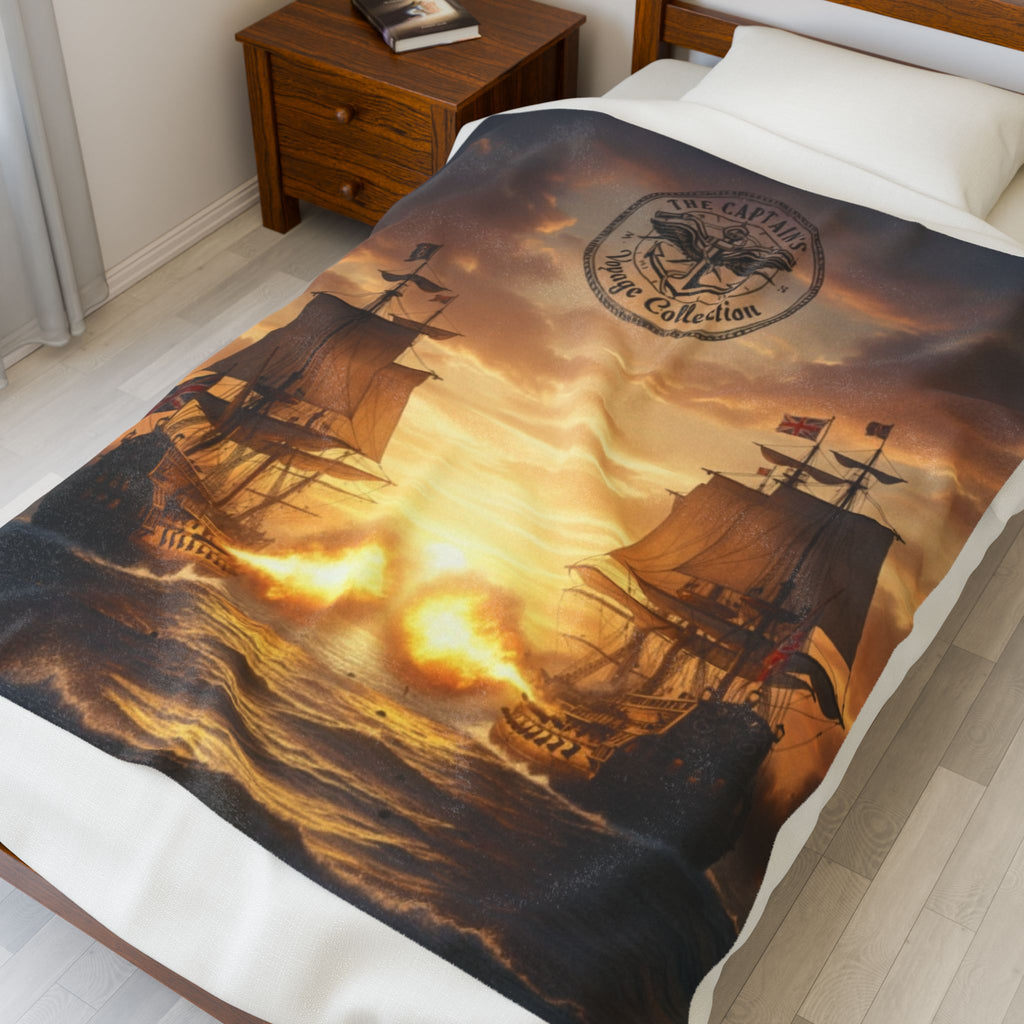 Nautical Battleship Velveteen Plush Blanket – Vintage Pirate Ship Sunset Throw