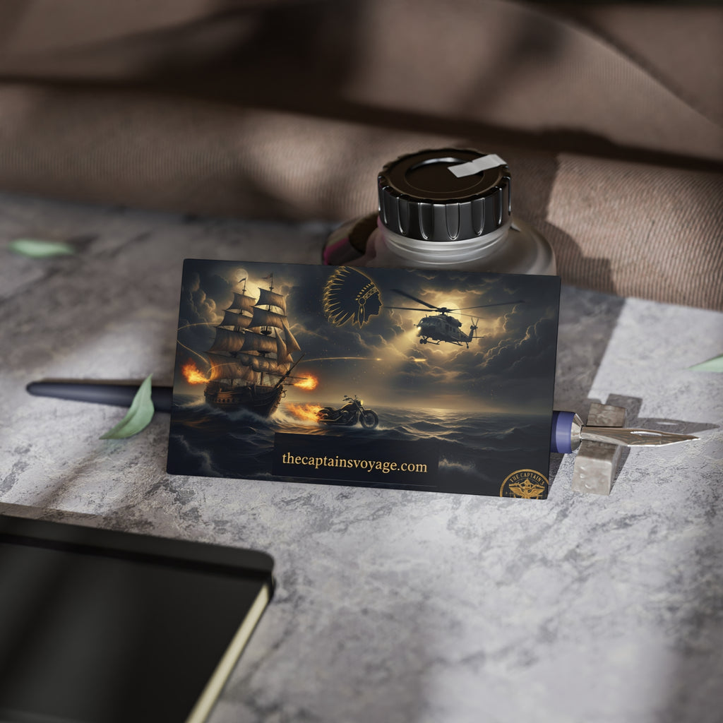 Business Cards — Nautical Adventure Scene with Ship, Helicopter & Motorcycle (thecaptainsvoyage.com)