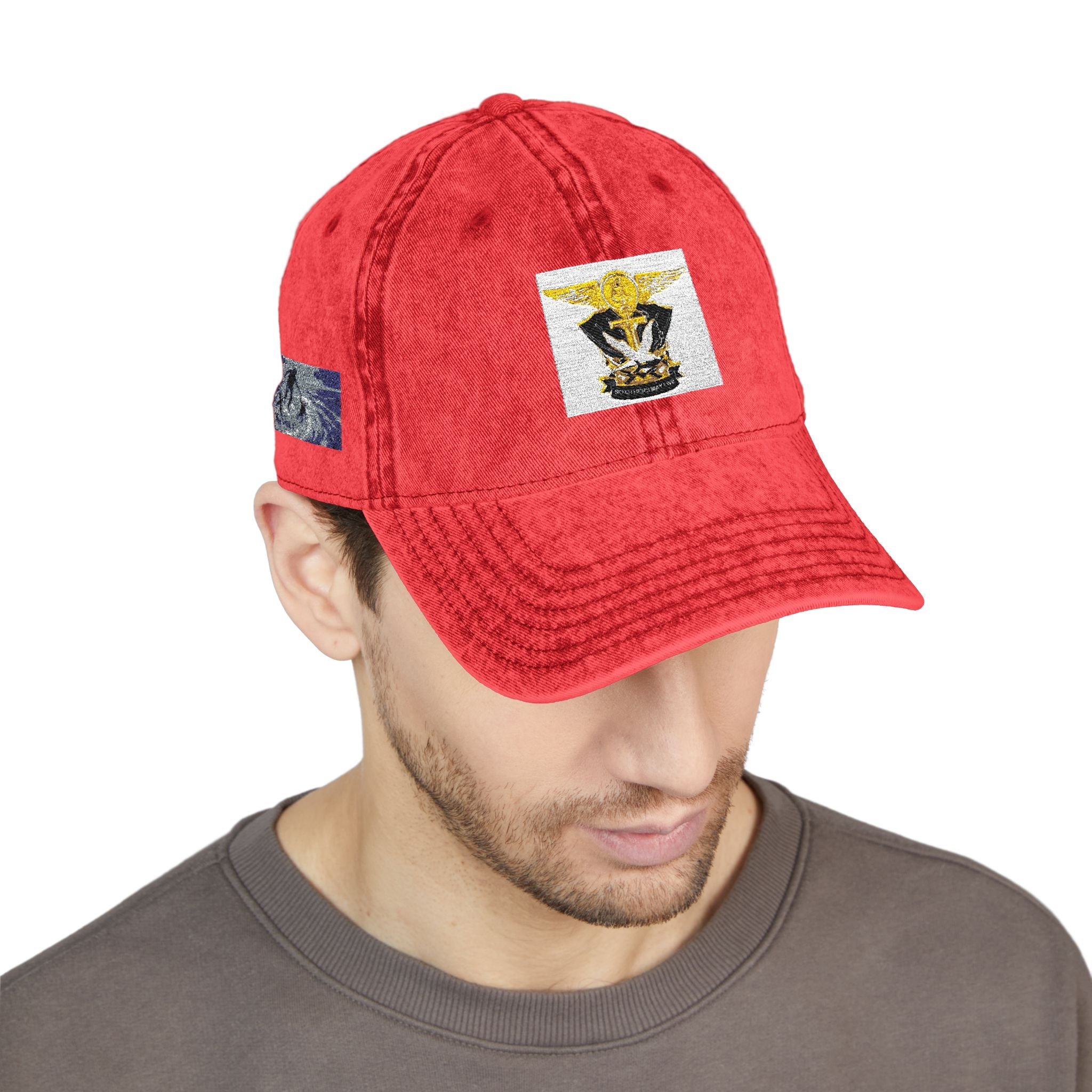 Vintage Embroidered Cap with Tiger Patch — Distressed Red Baseball Hat
