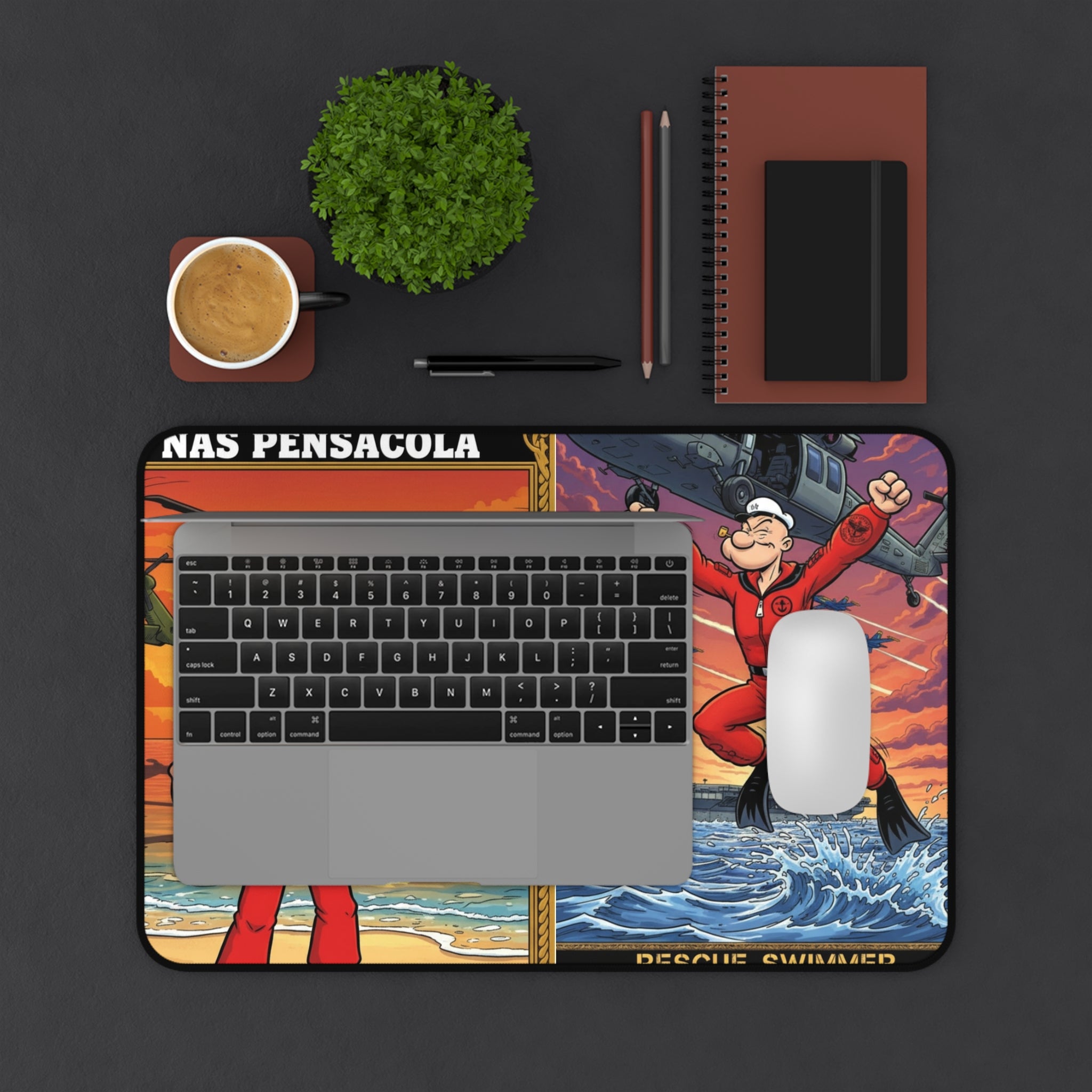 NAS Pensacola Rescue Swimmers Desk Mat — Vintage Helicopter & Carrier Artwork