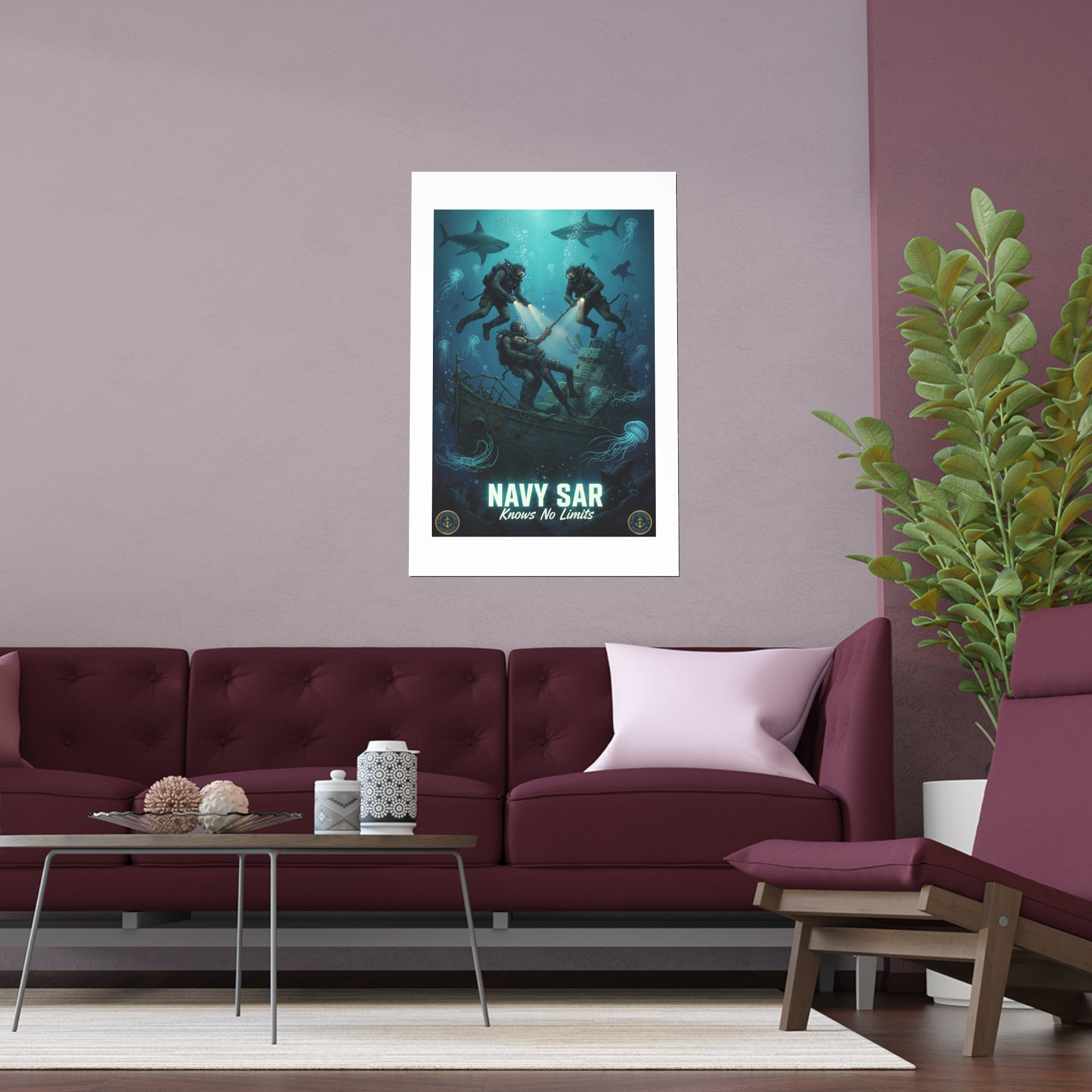 Navy SAR Silk Poster — 'Knows No Limits' Underwater Diver Rescue Art