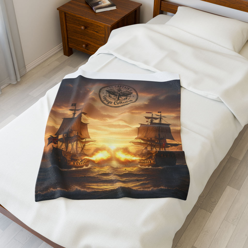 Nautical Battleship Velveteen Plush Blanket – Vintage Pirate Ship Sunset Throw