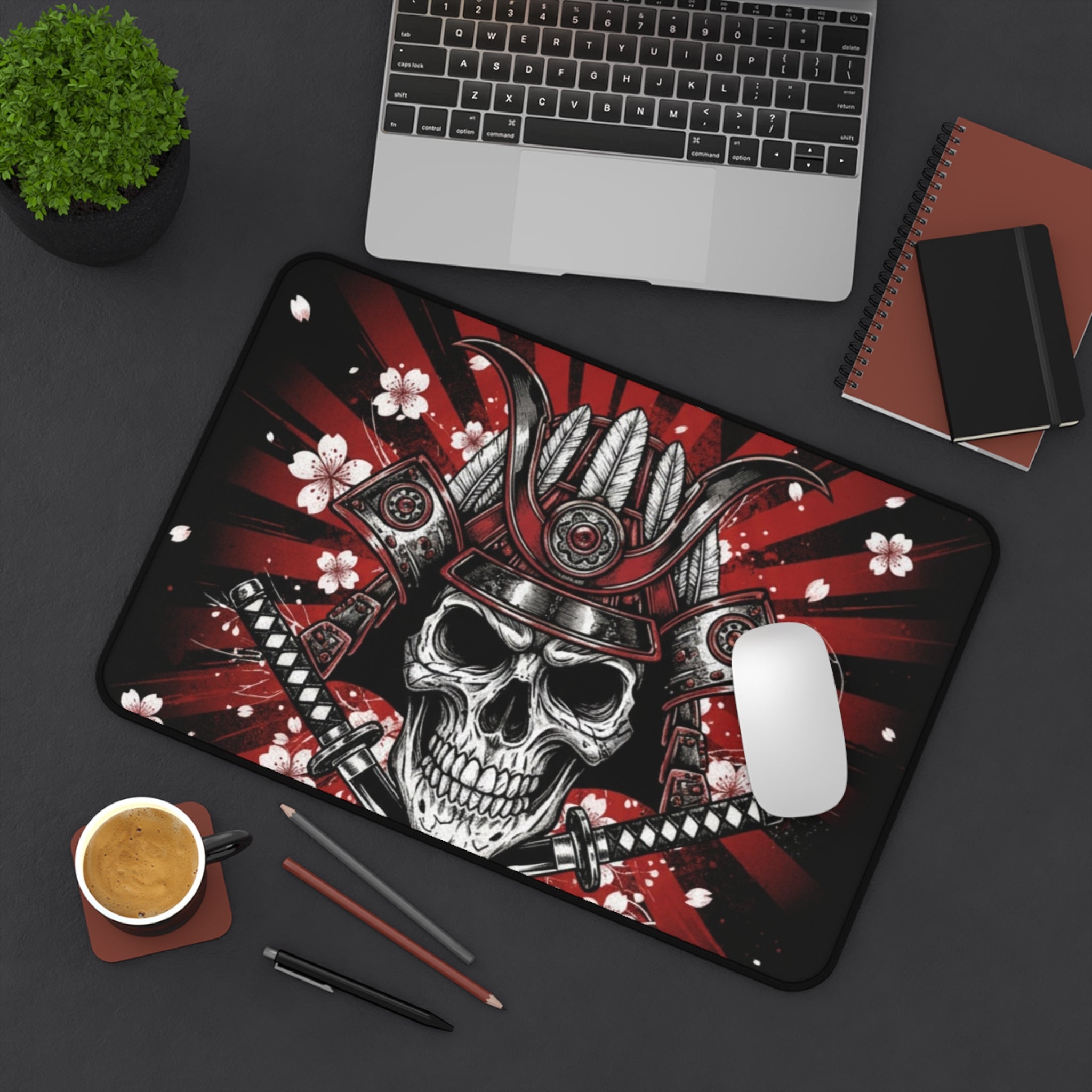 Samurai Skull Desk Mat — Red Cherry Blossom Gaming Mousepad