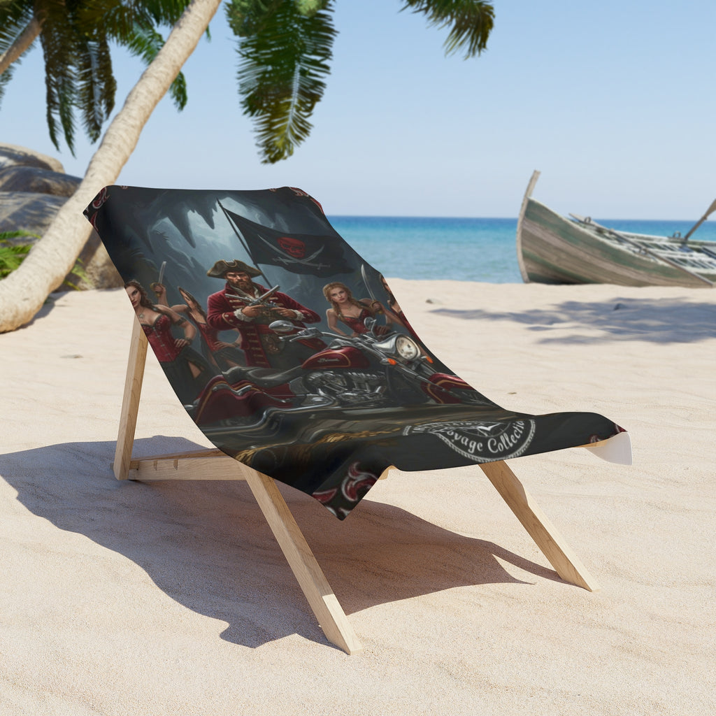 Pirate Biker Beach Towel — Skull Flag Motorcycle Crew Design