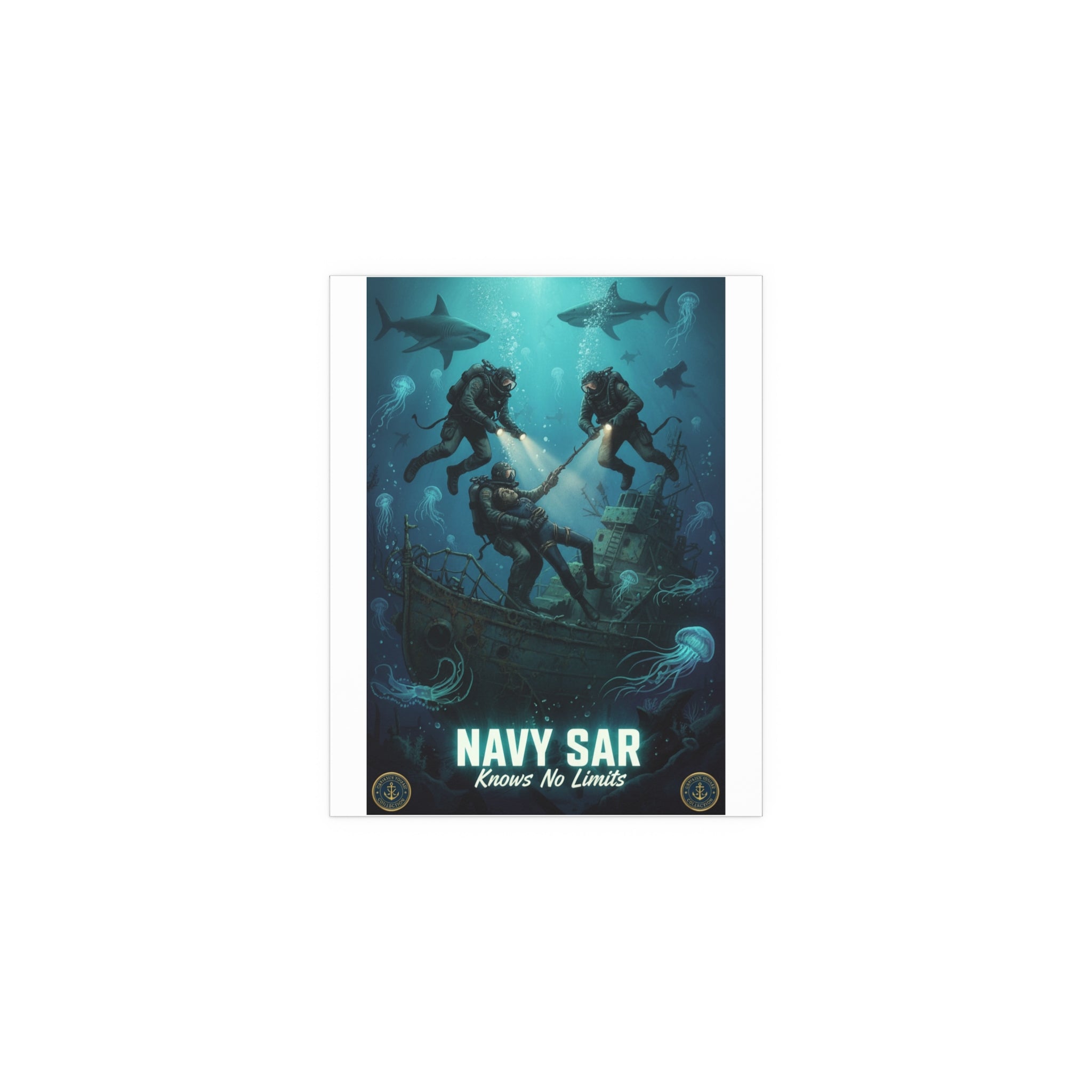 Navy SAR Silk Poster — 'Knows No Limits' Underwater Diver Rescue Art