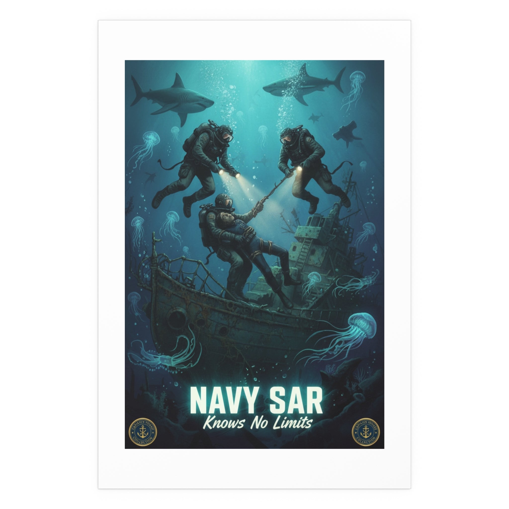 Navy SAR Silk Poster — 'Knows No Limits' Underwater Diver Rescue Art