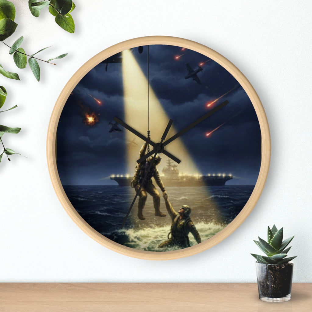Rescue at Dawn Wall Clock — Military Helicopter Sea Rescue Scene