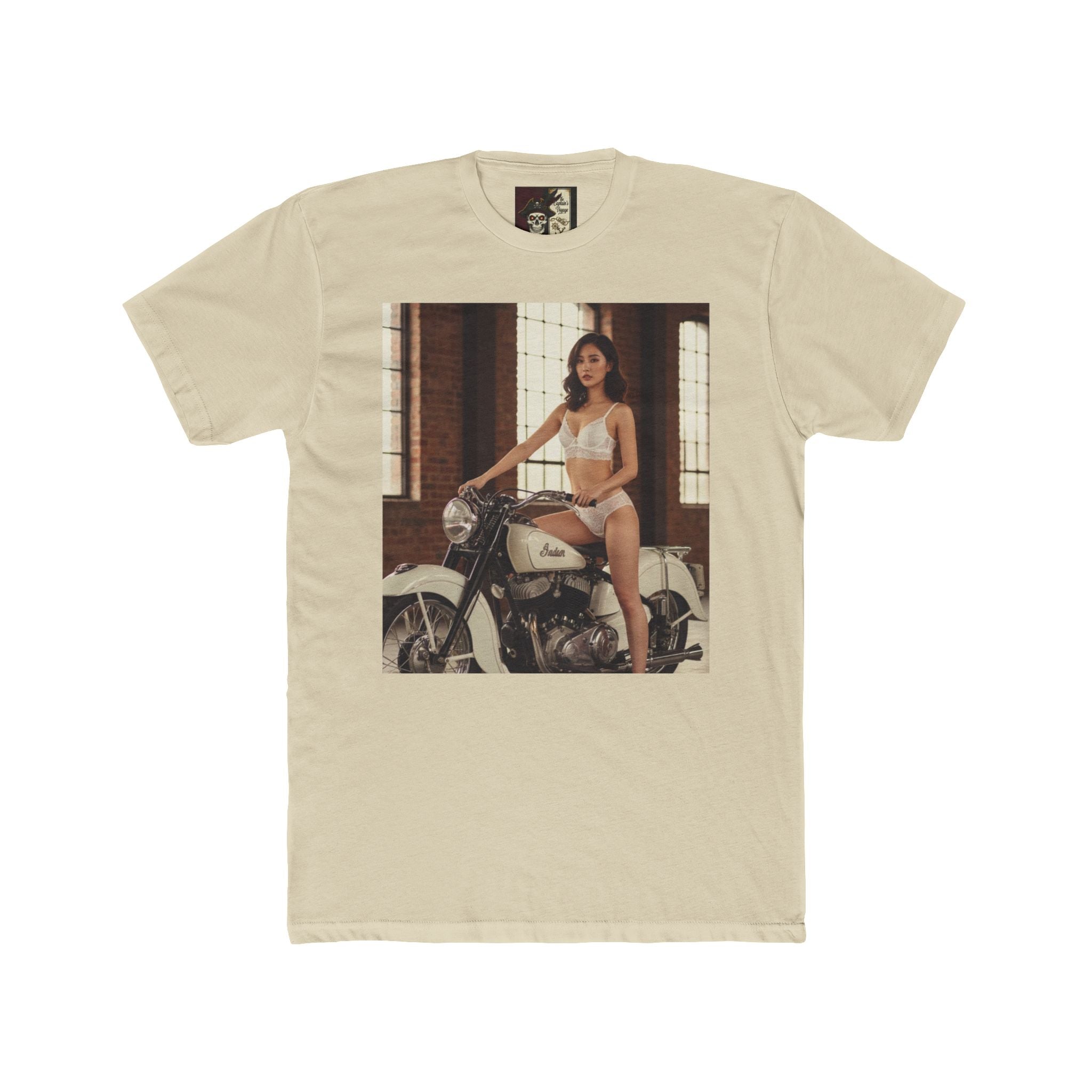 Vintage Motorcycle Pinup Tee — Retro Biker Photo Crewneck