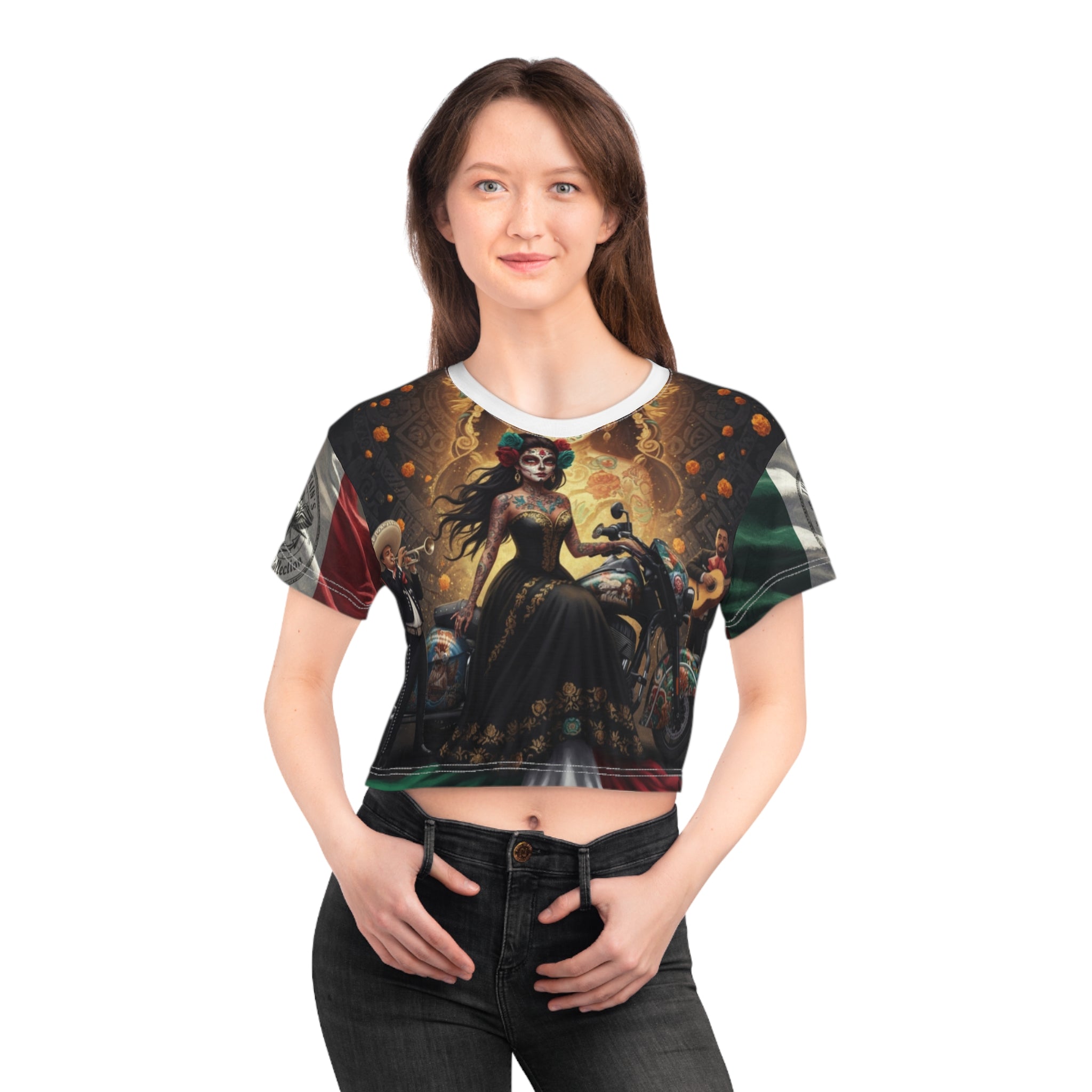 Dia de los Muertos Sugar Skull Crop Tee — Mexican Motorcycle & Mariachi Design