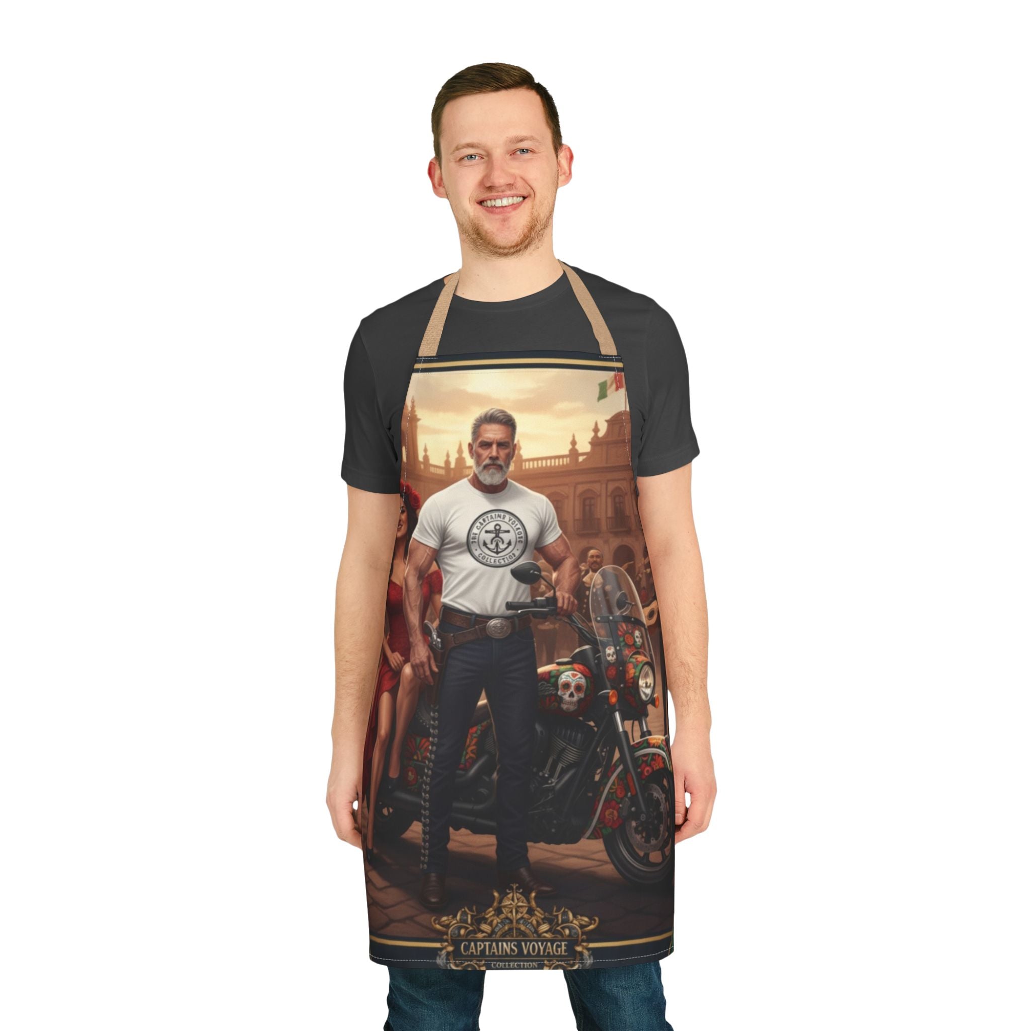 Captain’s Voyage Biker Apron — Vintage Motorcycle Chef Apron with Rider & Pin-Up Design