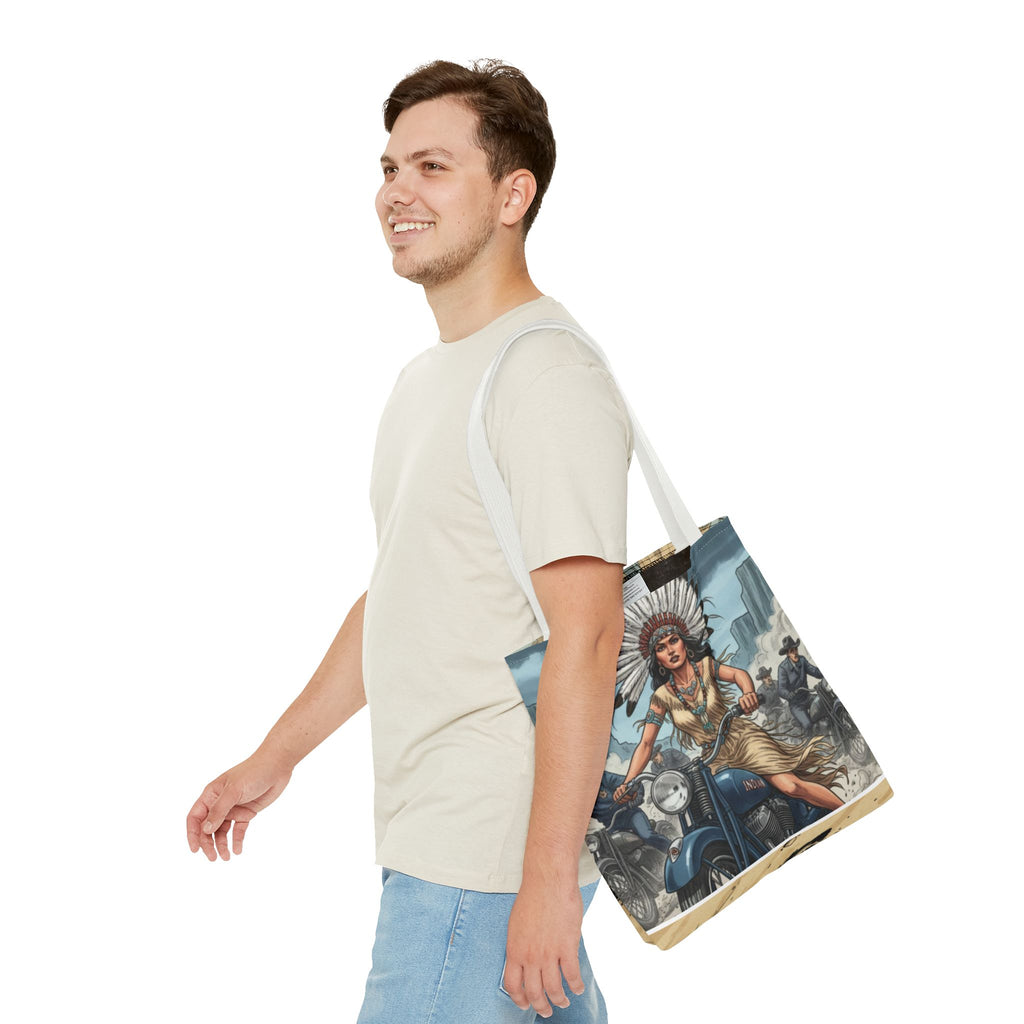 Vintage Biker Tote Bag — Motorcycle Pinup with Headdress