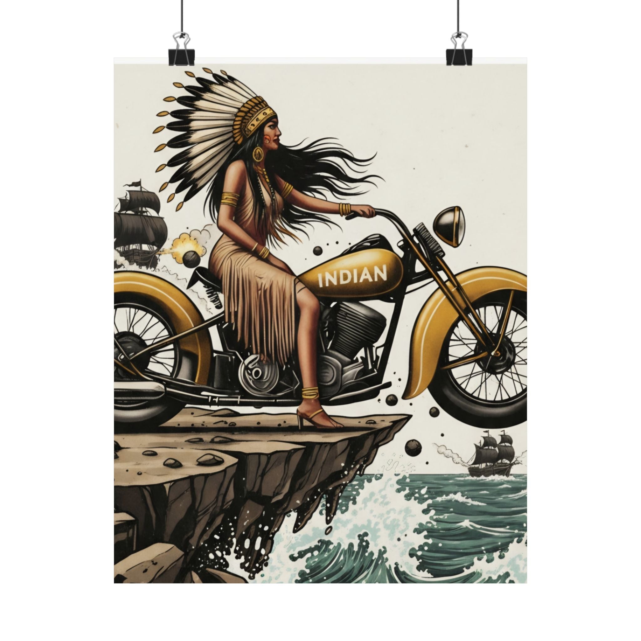 Vintage Indian Motorcycle Poster — Native Rider Matte Vertical Art Print