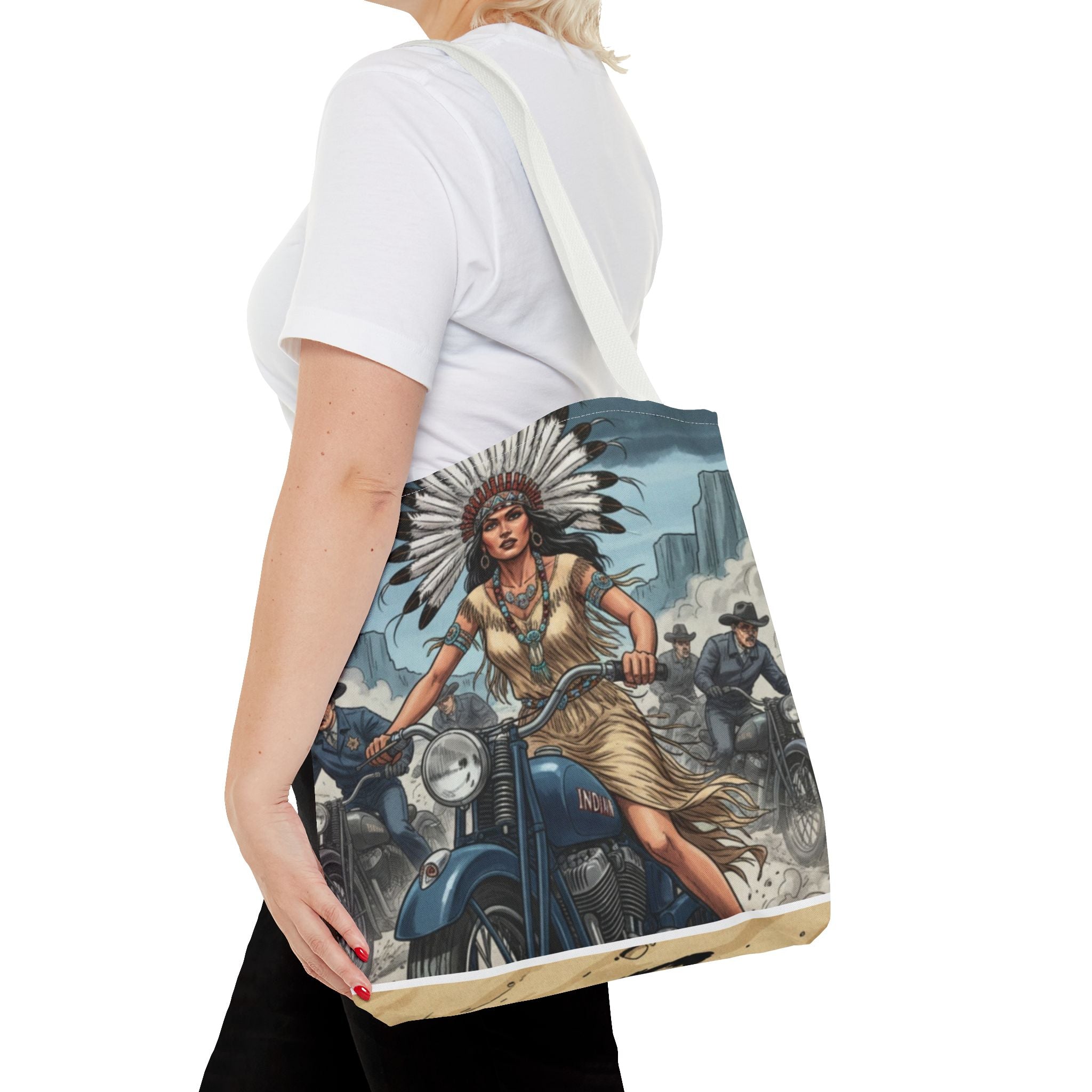 Vintage Biker Tote Bag — Motorcycle Pinup with Headdress