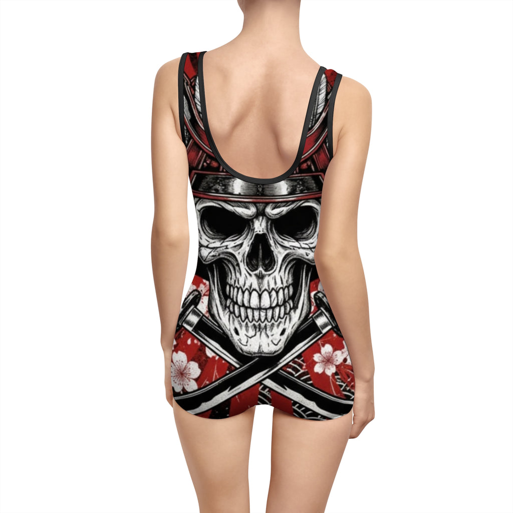 Skull Samurai One-Piece Swimsuit – Vintage Red Floral AOP