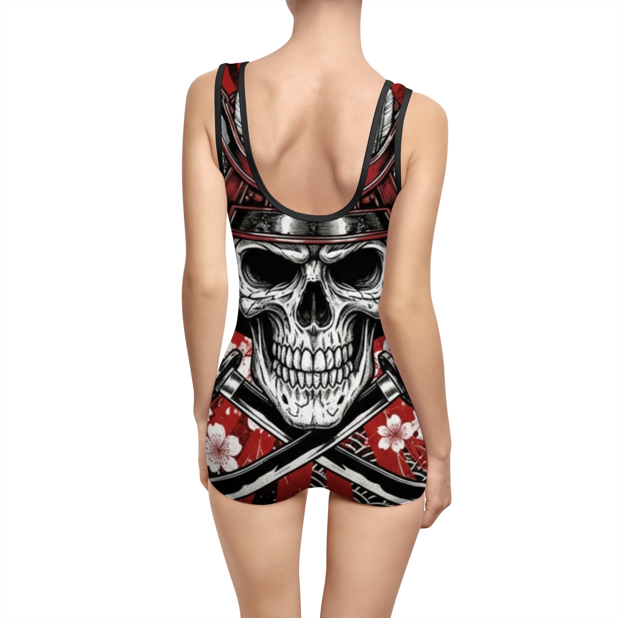 Skull Samurai One-Piece Swimsuit – Vintage Red Floral AOP