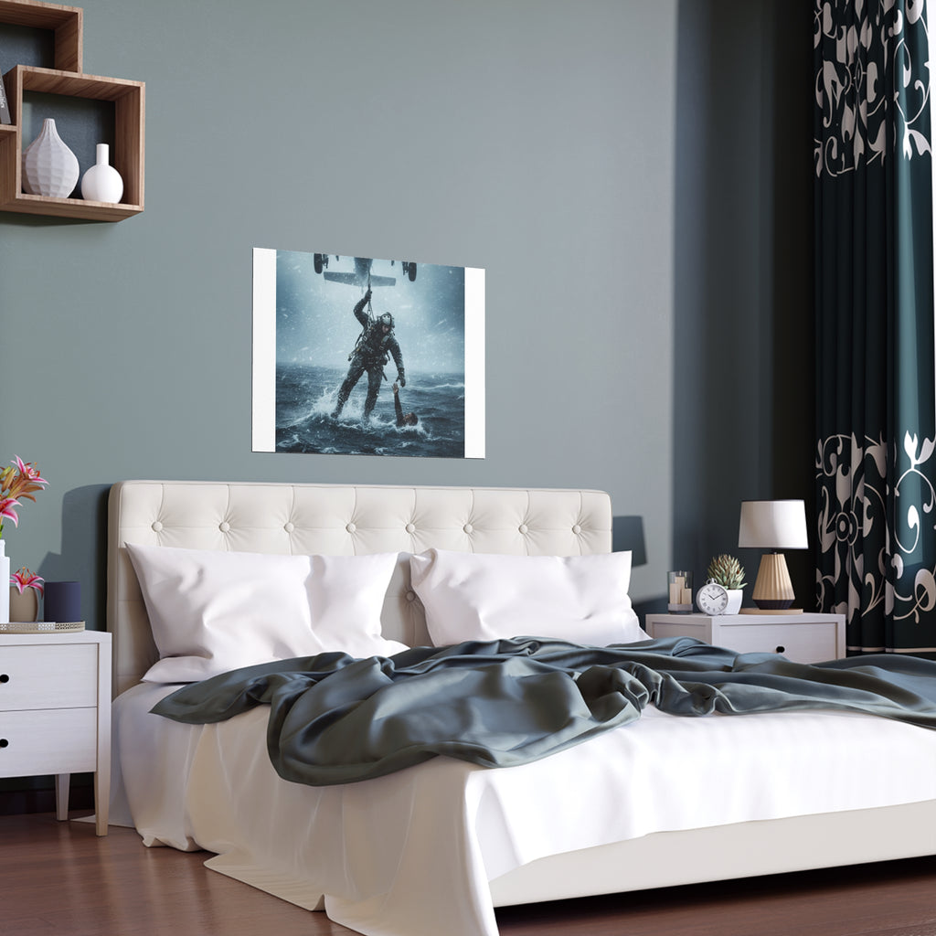 Rescue Diver Silk Poster – Dramatic Sea & Helicopter Wall Art (Indoor/Outdoor)