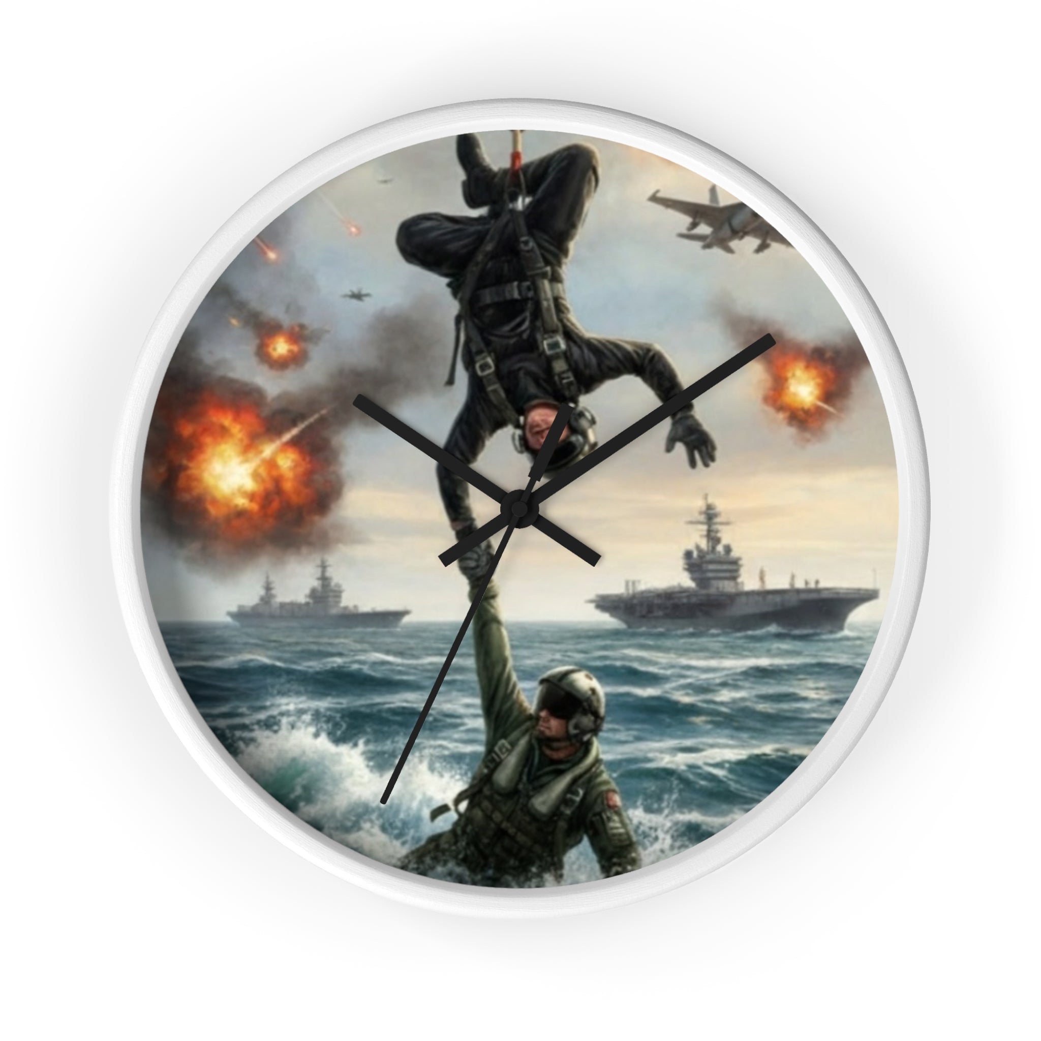 Military Rescue Wall Clock — Navy Helicopter & Sailor Action Scene