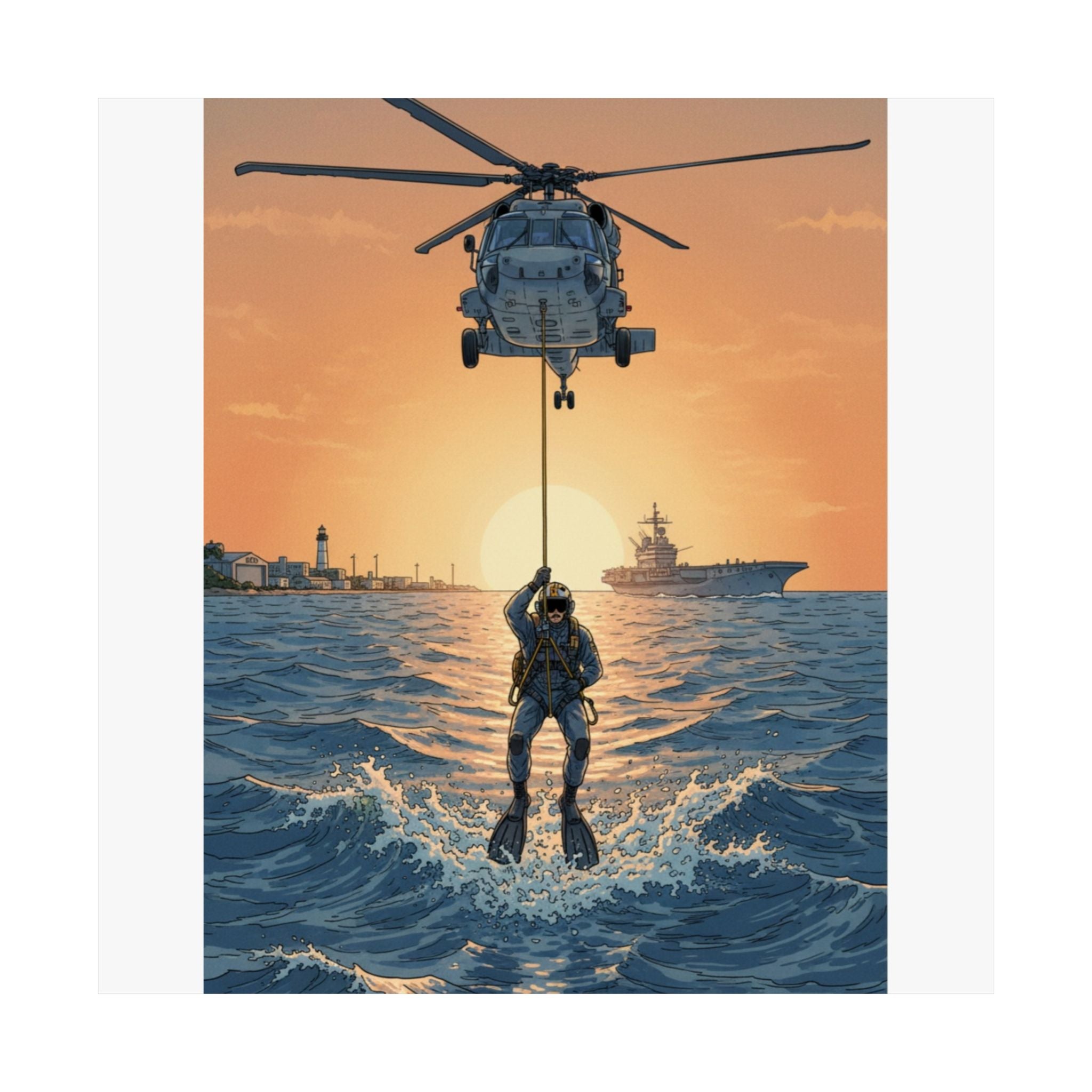 Matte Poster — Navy Rescue Helicopter at Sunset (Vertical)