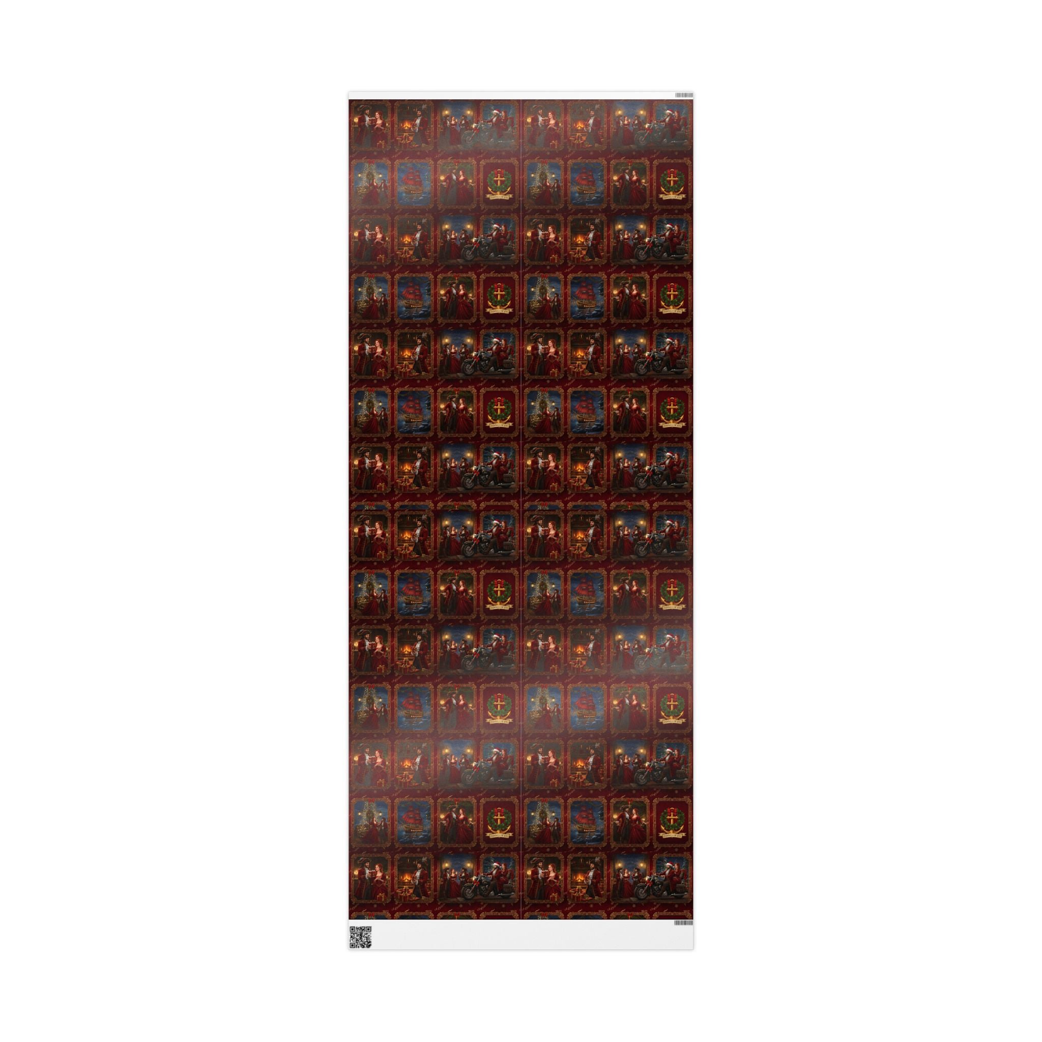 Wrapping Paper Roll — Vintage Holiday Sleigh & Ornament Pattern (Red & Gold)