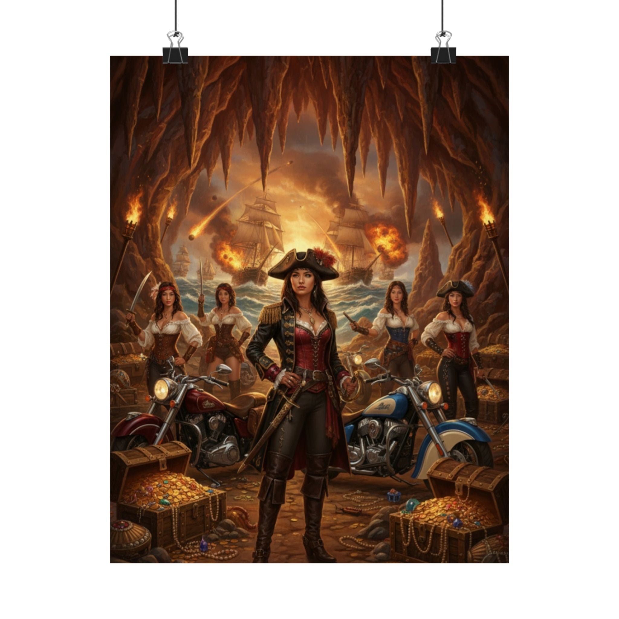 Pirate Queen Matte Poster — Fantasy Biker Treasure Cave Wall Art