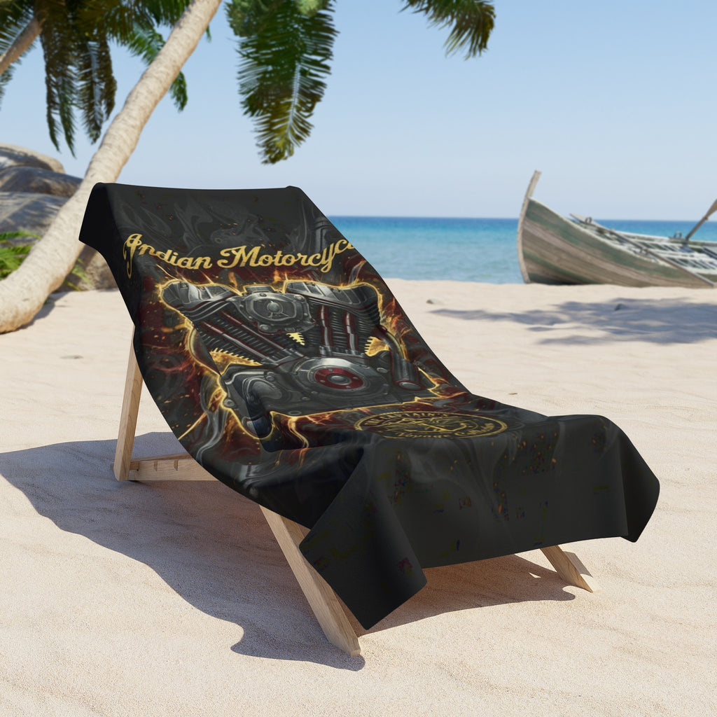 Indian Motorcycle Engine Beach Towel — Retro Biker Skull & V-Twin Design