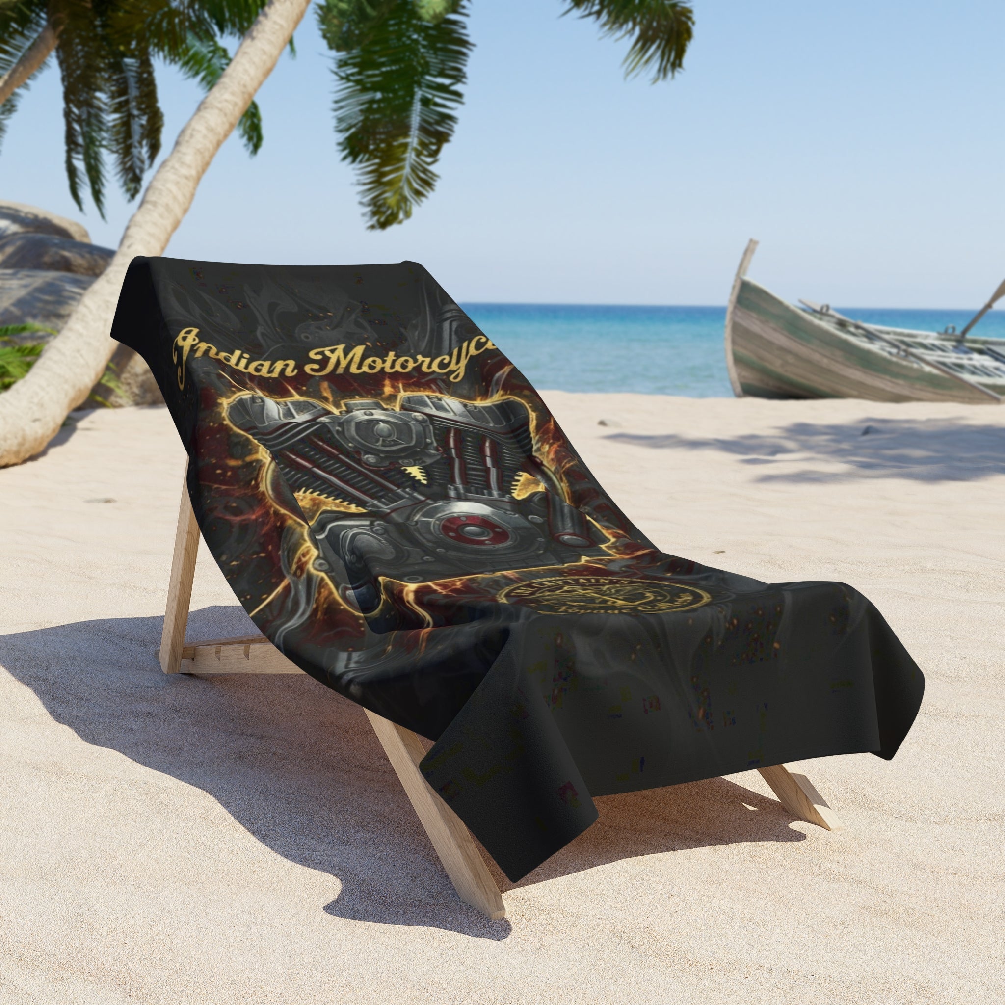 Indian Motorcycle Engine Beach Towel — Retro Biker Skull & V-Twin Design