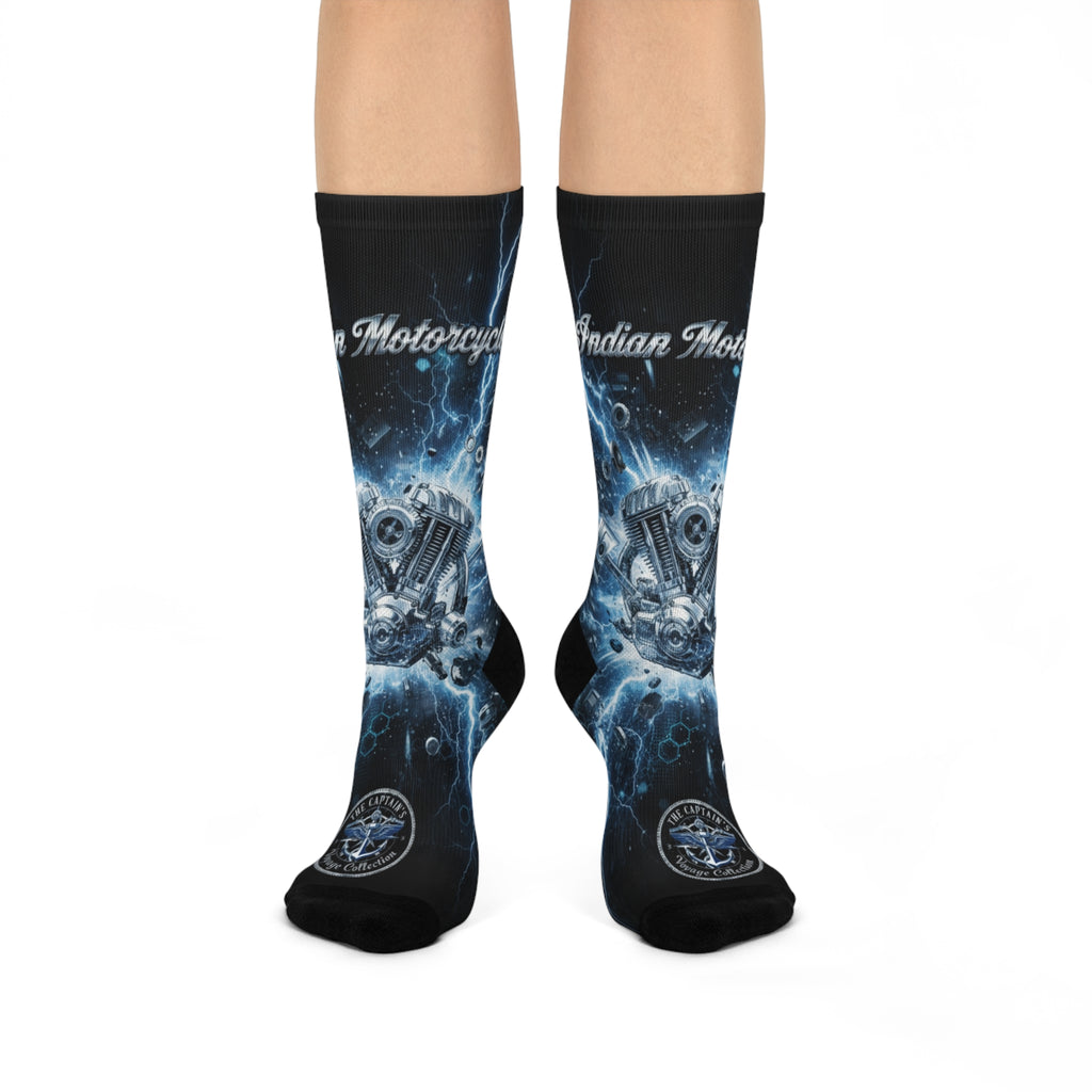 Motorcycle Engine Lightning Crew Socks — Cushioned Biker Socks
