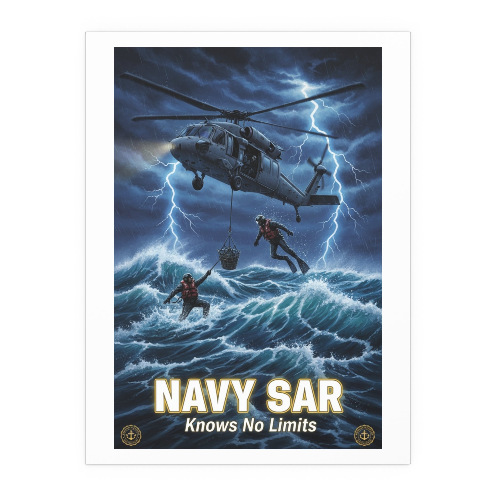 Navy SAR Silk Poster — "Knows No Limits" Rescue Helicopter Art (Indoor/Outdoor)