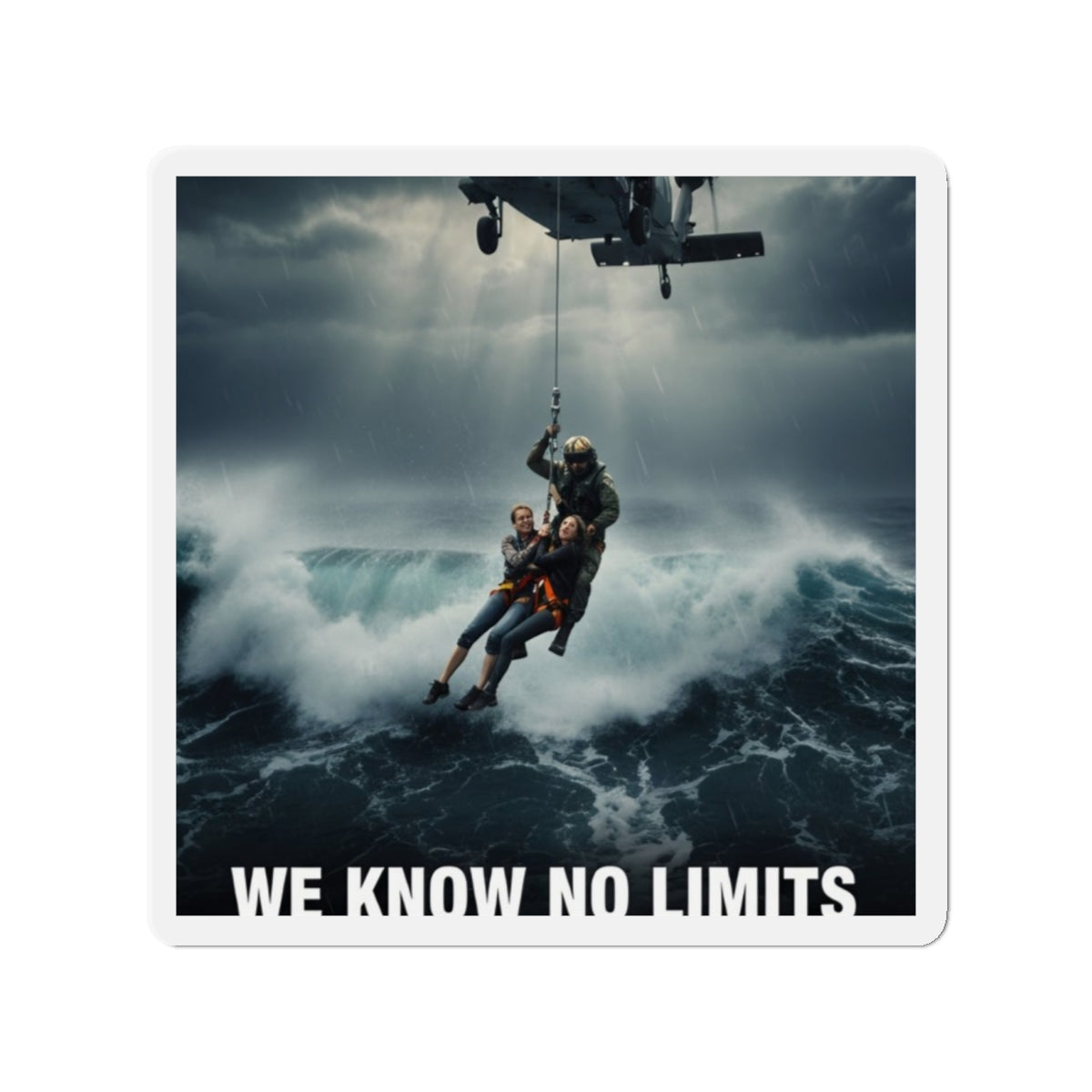 Rescue Helicopter Die-Cut Magnet — 'We Know No Limits' Ocean Rescue Design