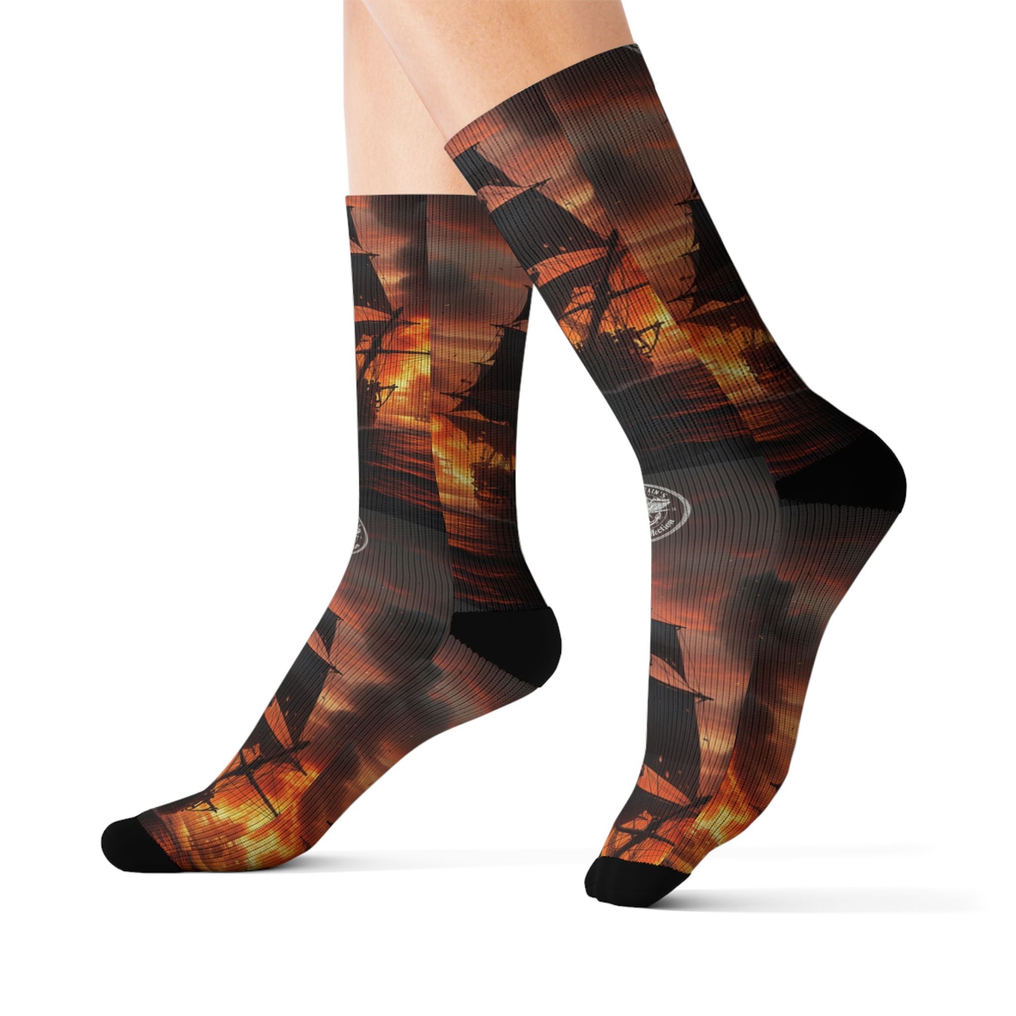 Pirate Ship Sunset Socks — Nautical Sailing Crew Socks with Dramatic Sunset Ship Silhouette