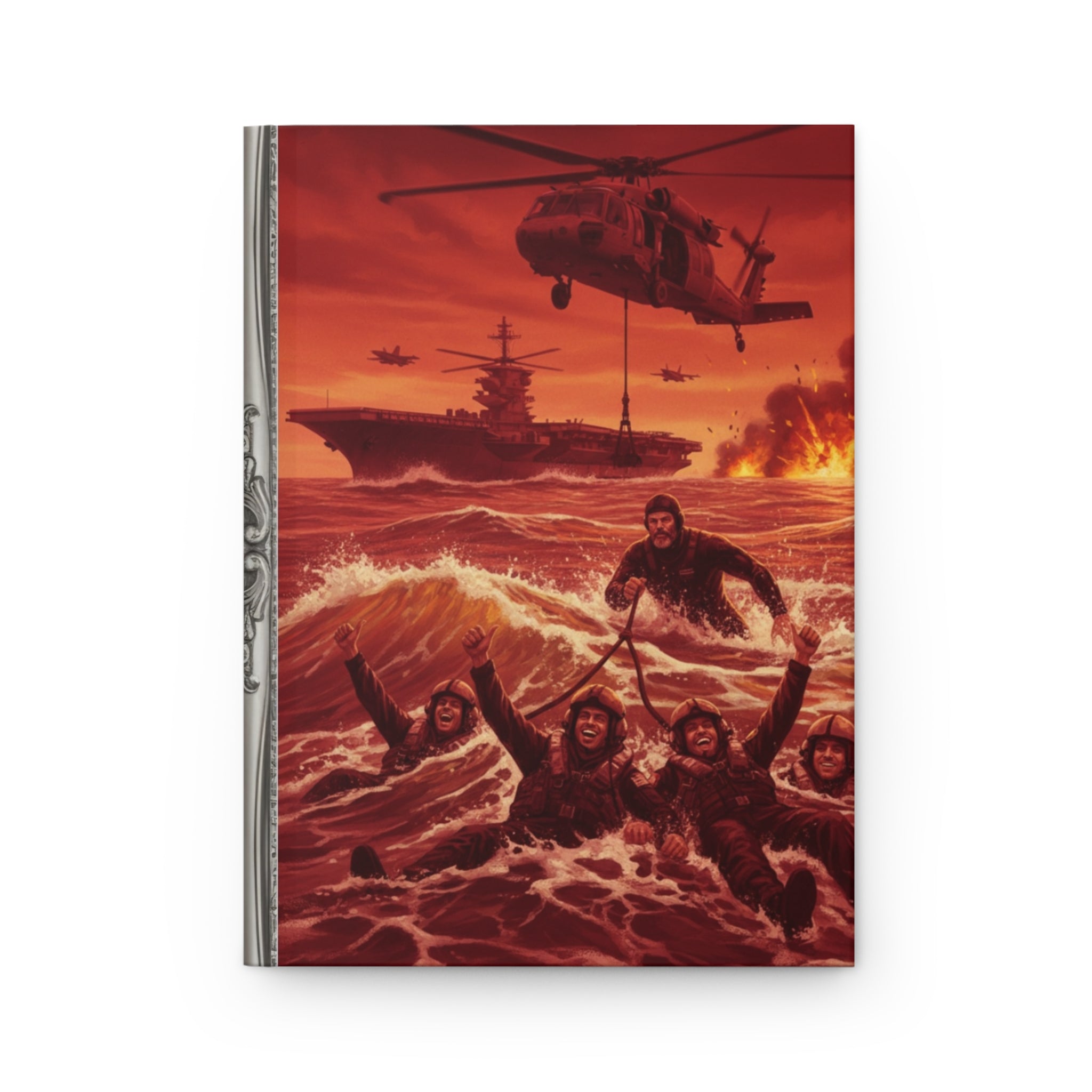 Rescue at Sea Hardcover Journal — Military Helicopter & Sailors Action Art