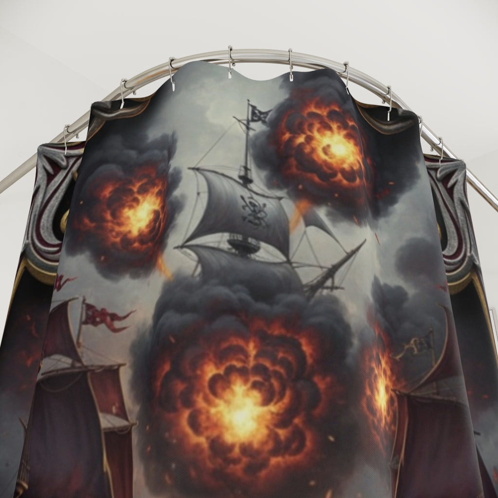 Pirate Ship Battle Shower Curtain — Exploding Cannonball Nautical Bathroom Decor