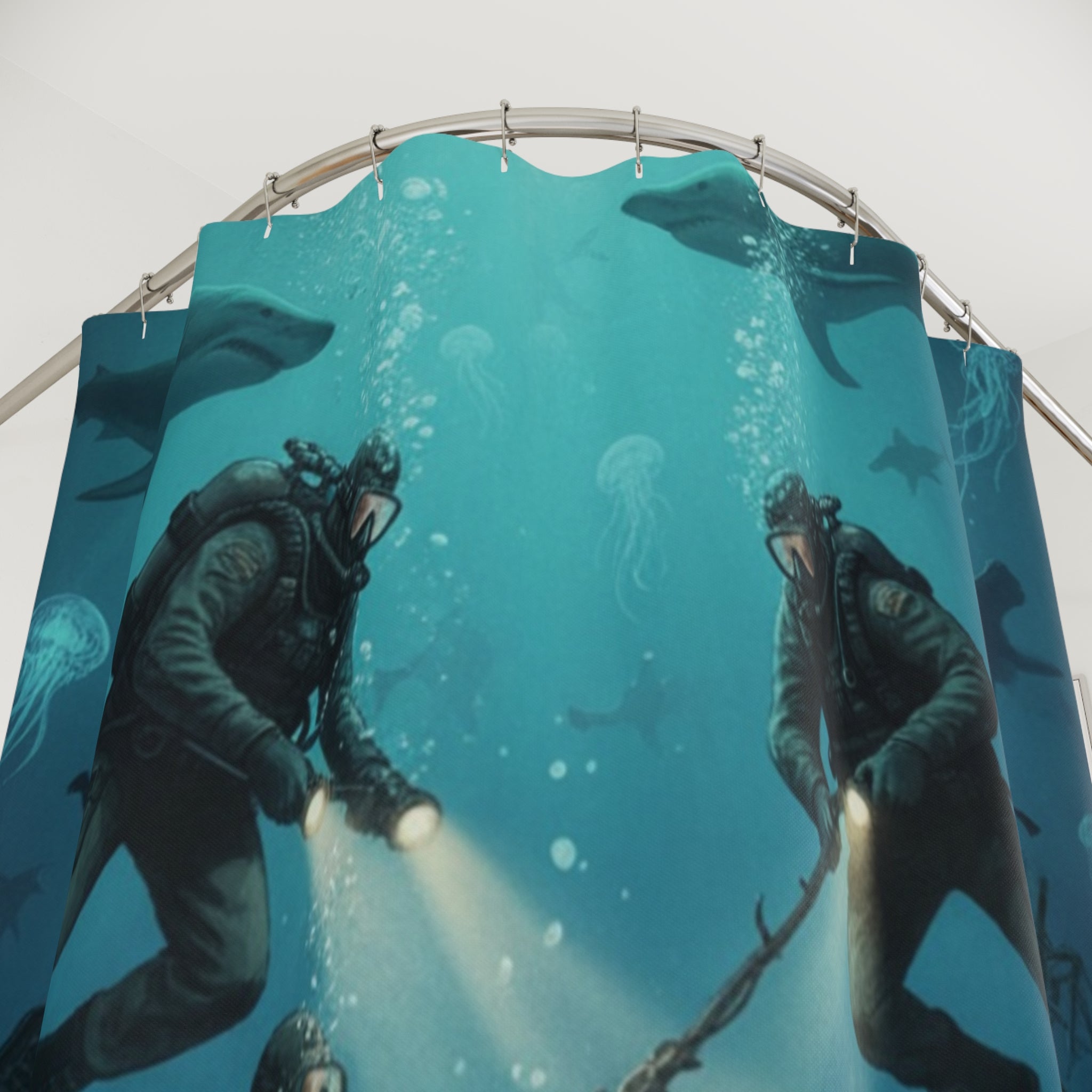 Underwater Divers Shower Curtain — Vintage Deep Sea Salvage Scene