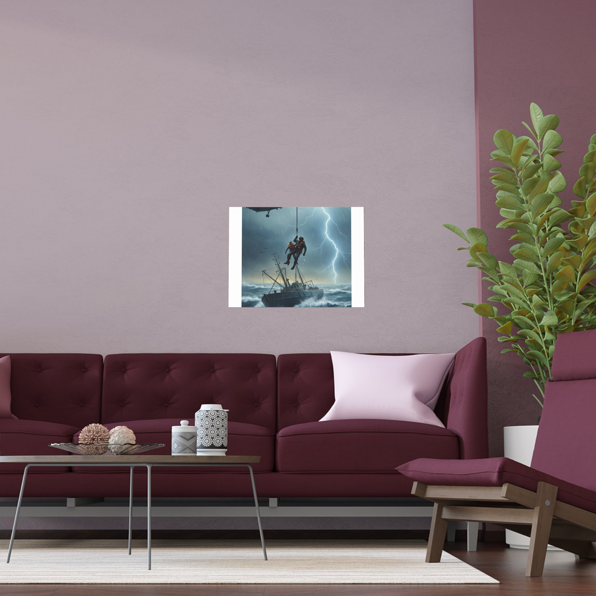 Rescue at Sea Silk Poster — Storm Helicopter Lifesaver Wall Art (Indoor/Outdoor)
