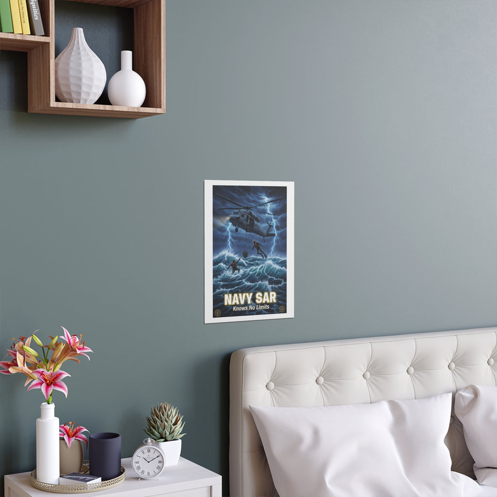 Navy SAR Silk Poster — "Knows No Limits" Rescue Helicopter Art (Indoor/Outdoor)