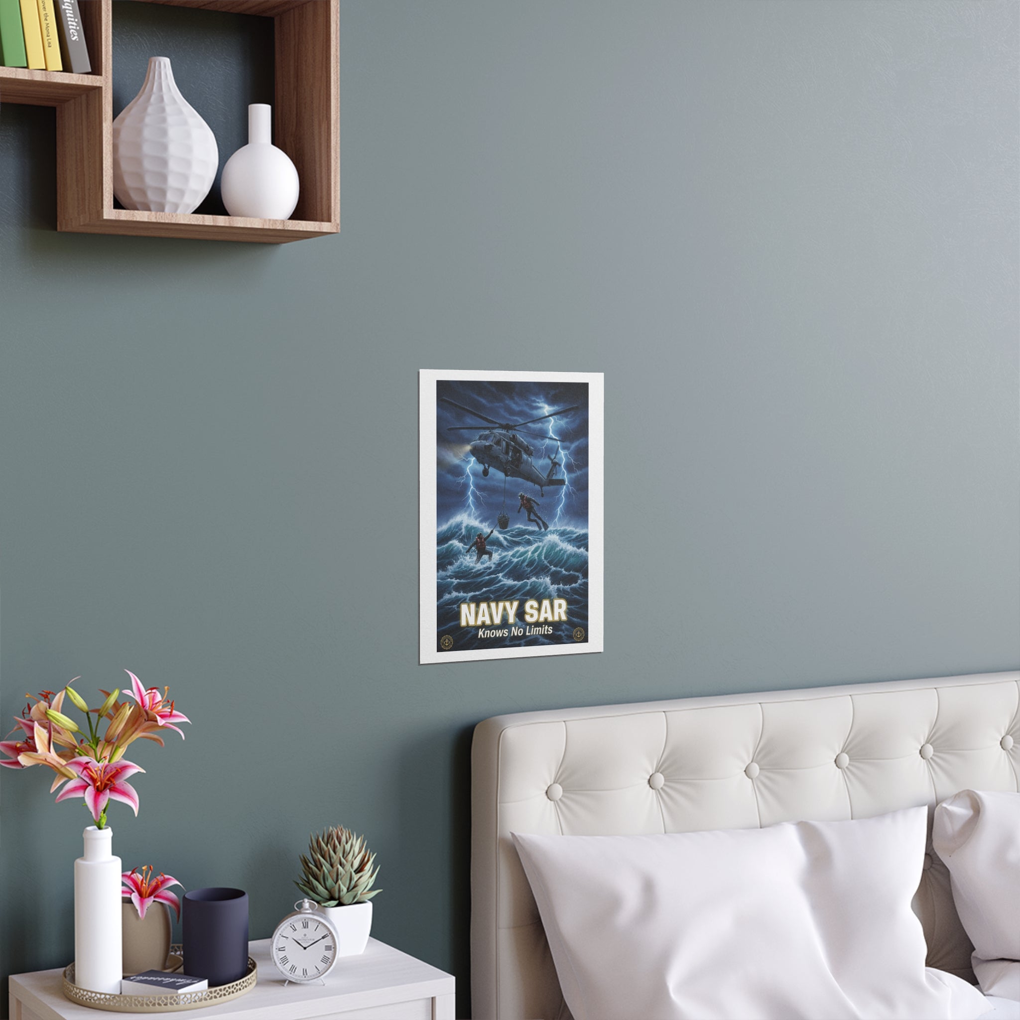 Navy SAR Silk Poster — "Knows No Limits" Rescue Helicopter Art (Indoor/Outdoor)