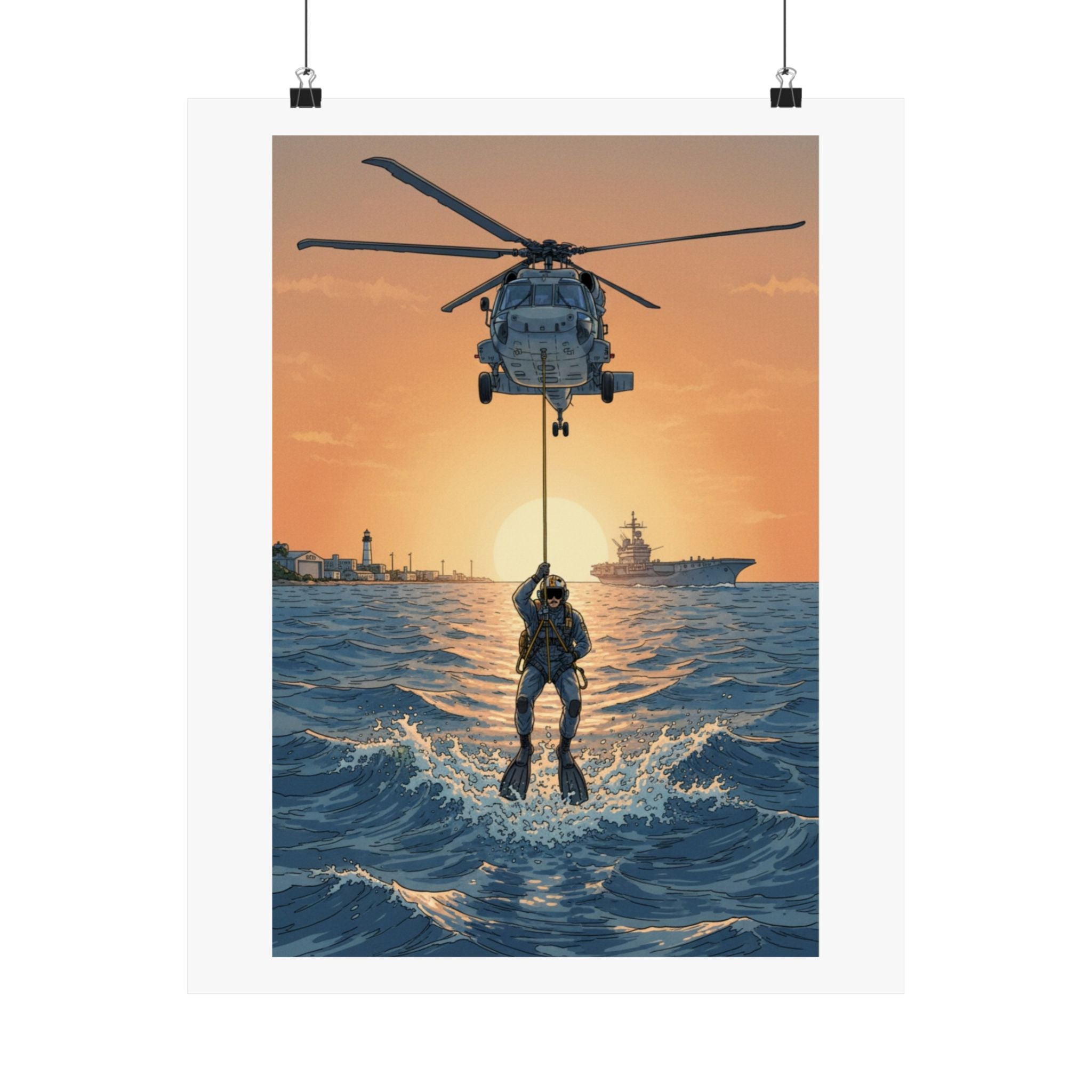 Matte Poster — Navy Rescue Helicopter at Sunset (Vertical)