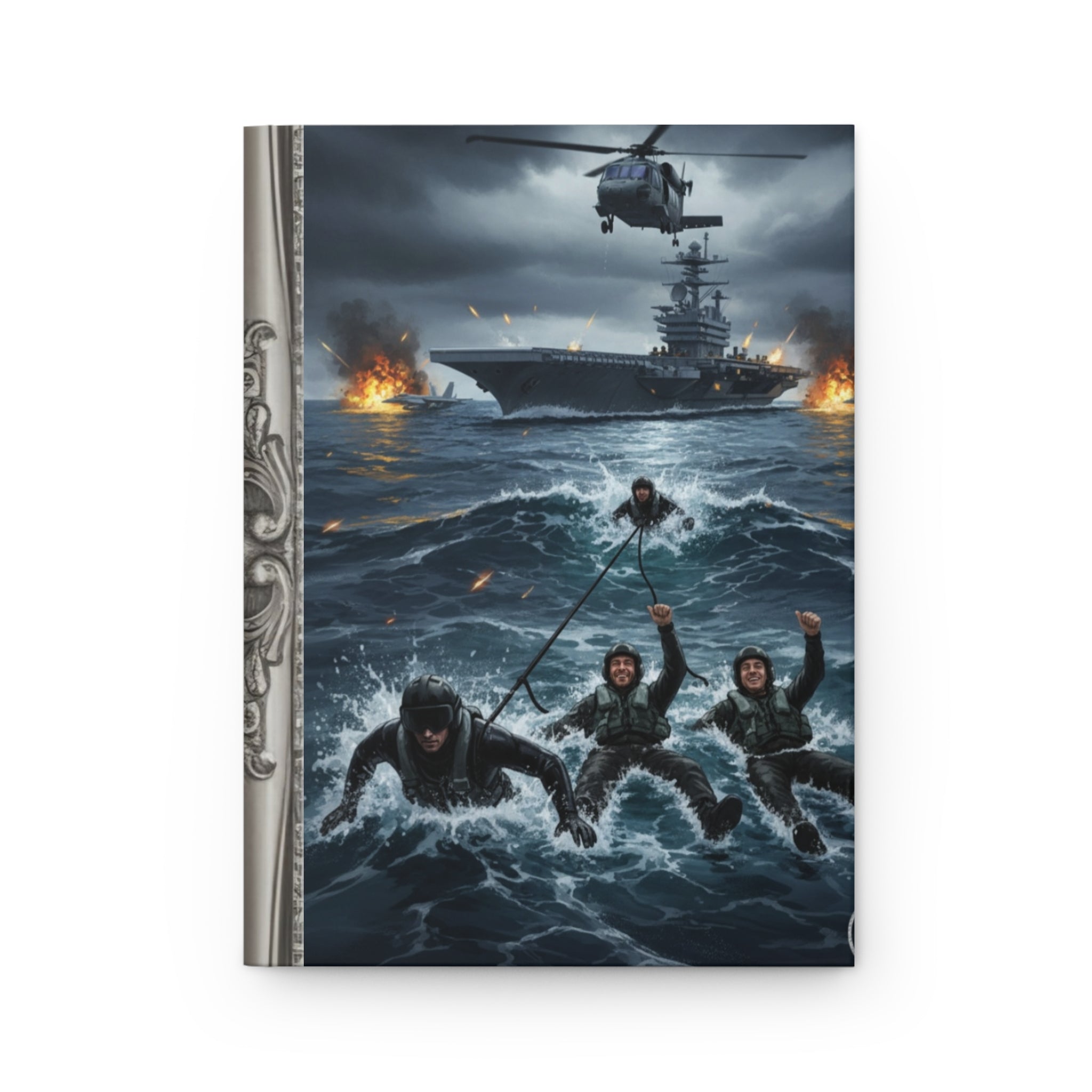 Naval Rescue Hardcover Journal — Military Helicopter & Ship Sea Rescue Scene