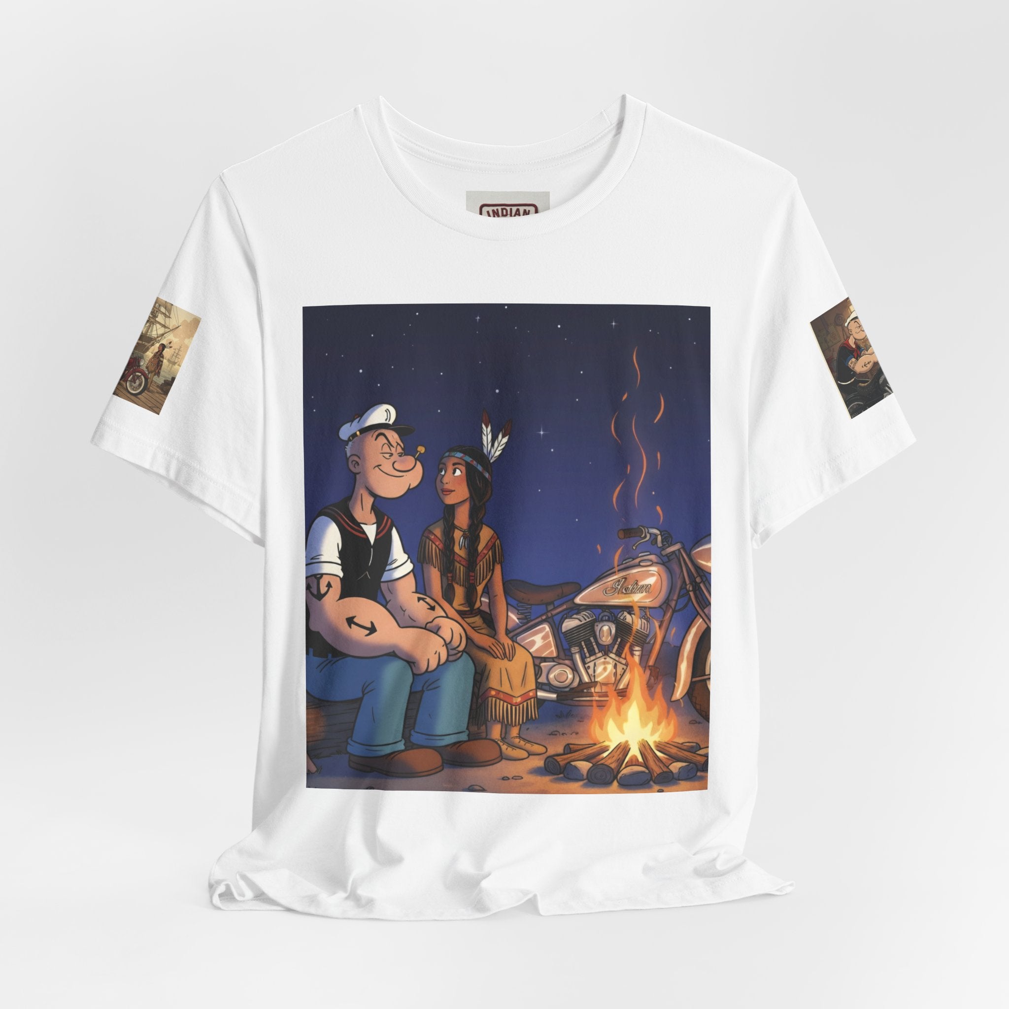 Popeye & Olive Adventure Tee — Vintage Motorcycle Campfire Graphic T-Shirt