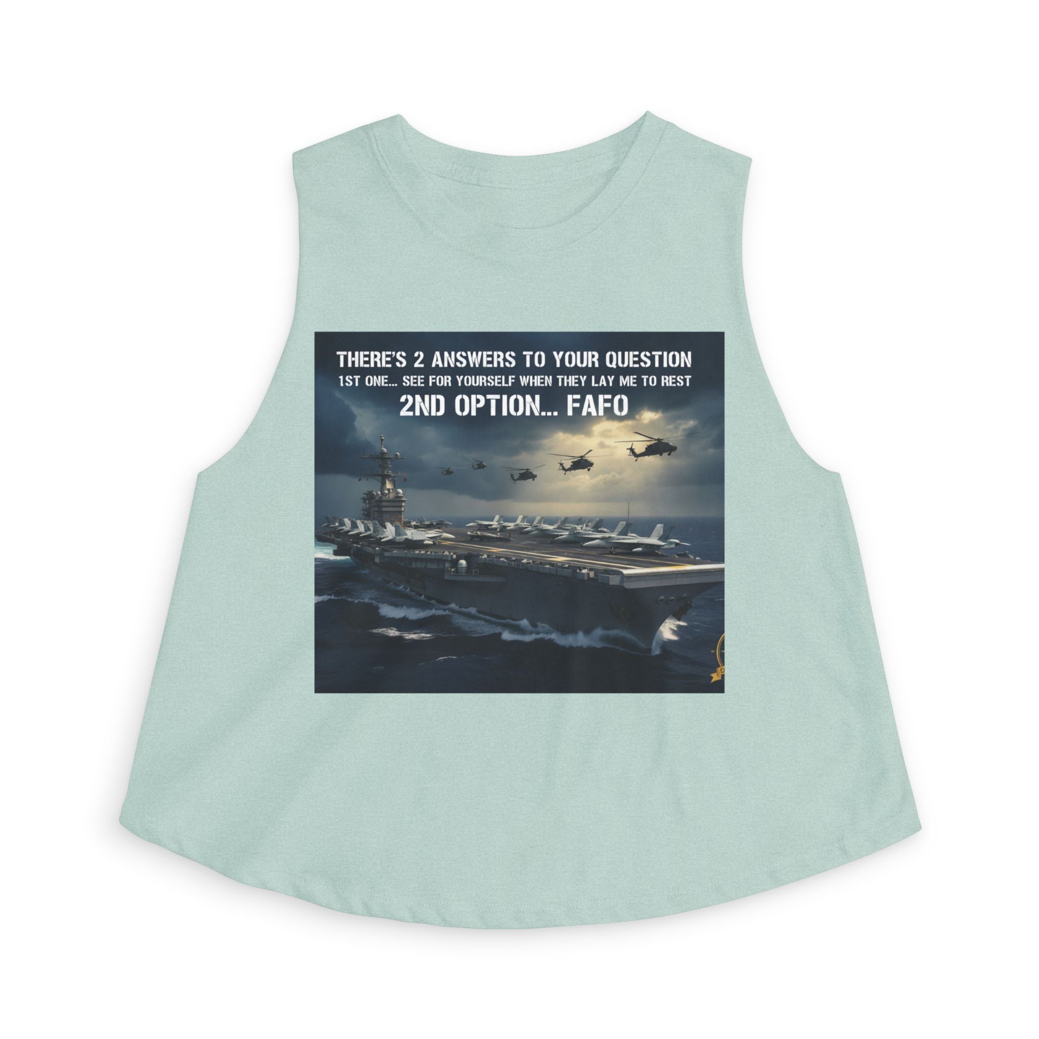 Women’s Crop Top – Military Aircraft Carrier Graphic with “2nd Option…F A F O” Text