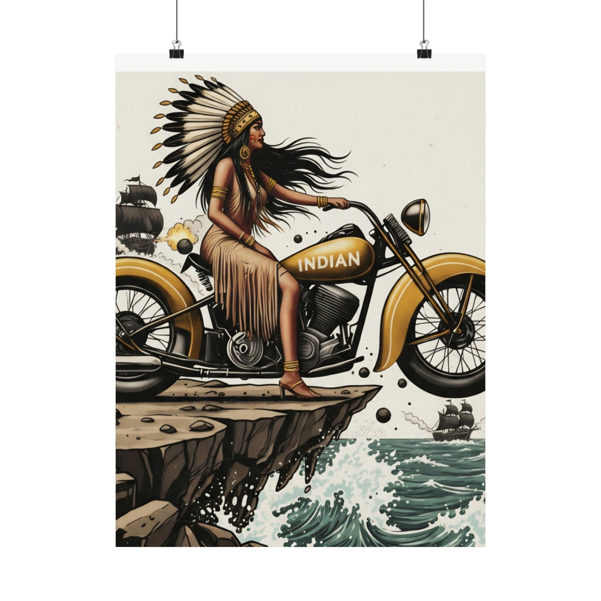Vintage Indian Motorcycle Poster — Native Rider Matte Vertical Art Print