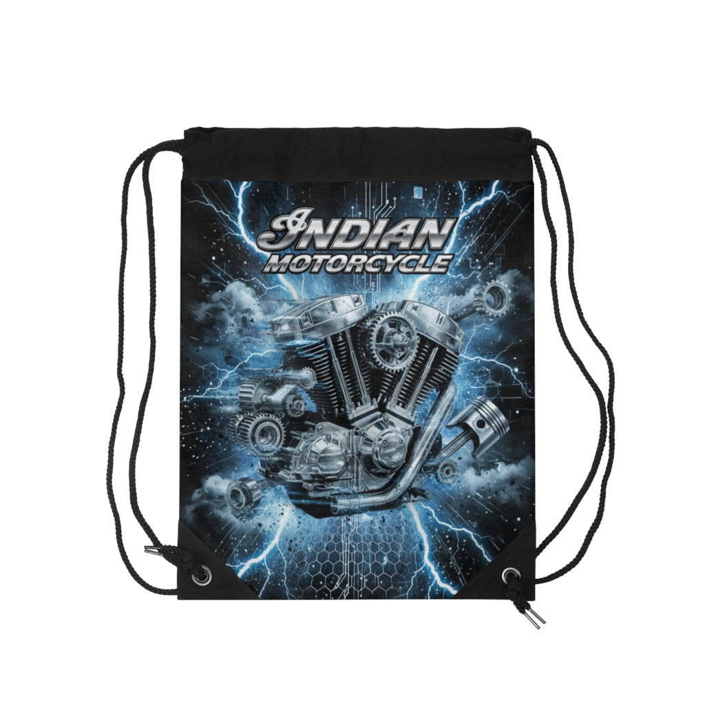 Indian Motorcycle Lightning Drawstring Bag — Vintage V-Twin Engine Gym Sack