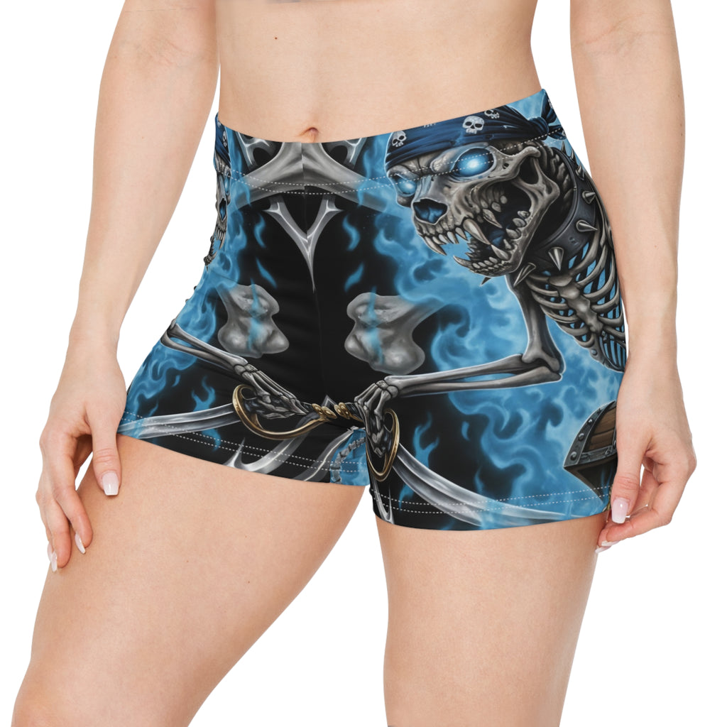 Skeleton Reaper Blue Flame Women's Shorts – Gothic Skull All-Over Print