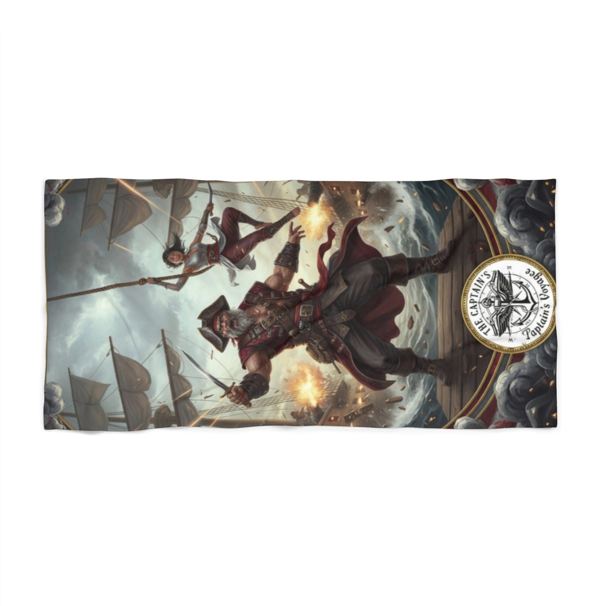 Pirate Ship Battle Beach Towel — Nautical Captain Design
