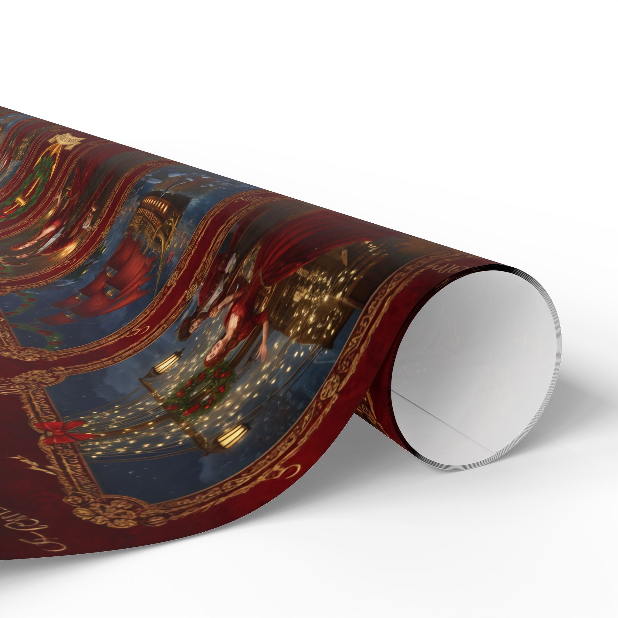 Wrapping Paper Roll — Vintage Holiday Sleigh & Ornament Pattern (Red & Gold)
