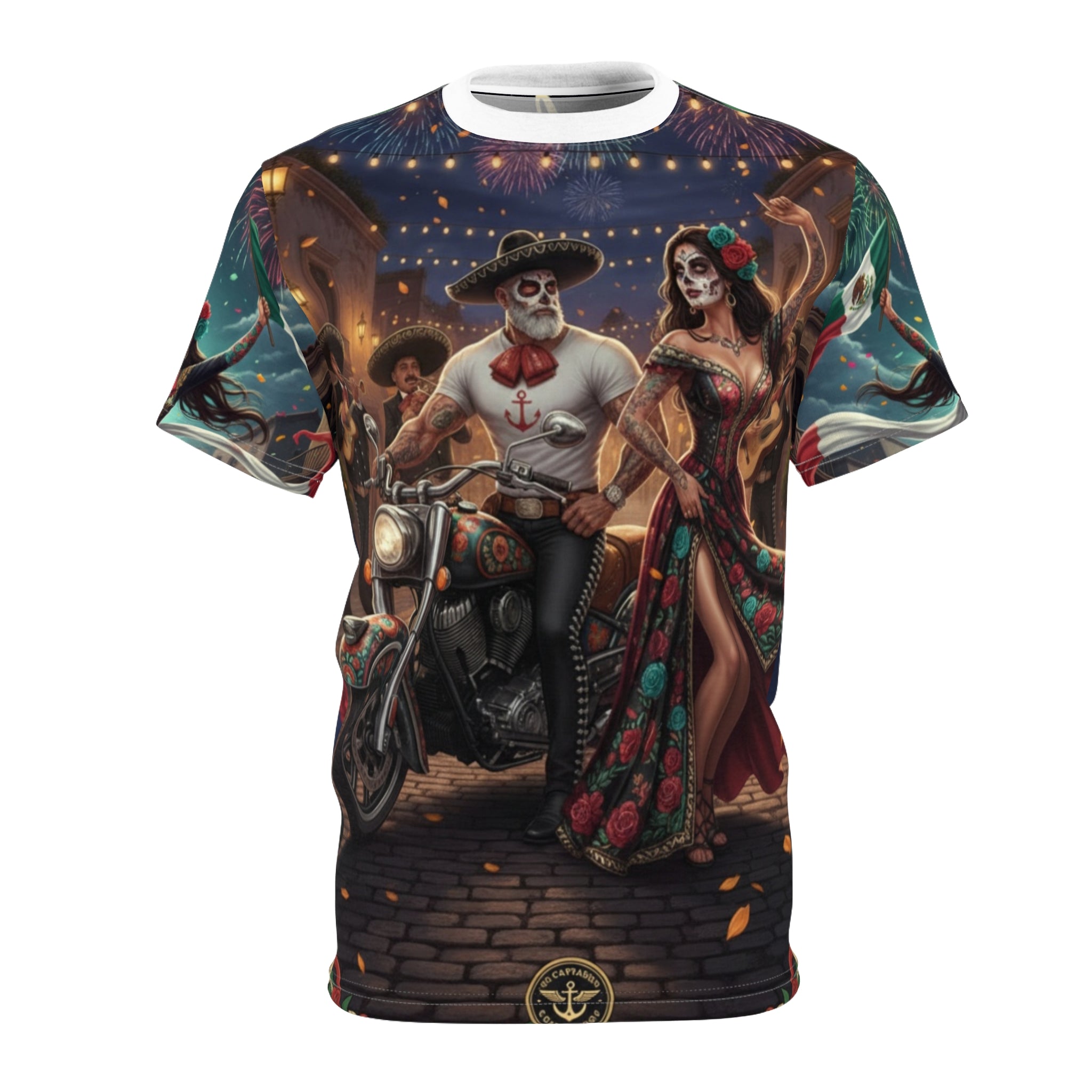 Day of the Dead Motorcycle Couple Tee – Dia de los Muertos All-Over Print Shirt