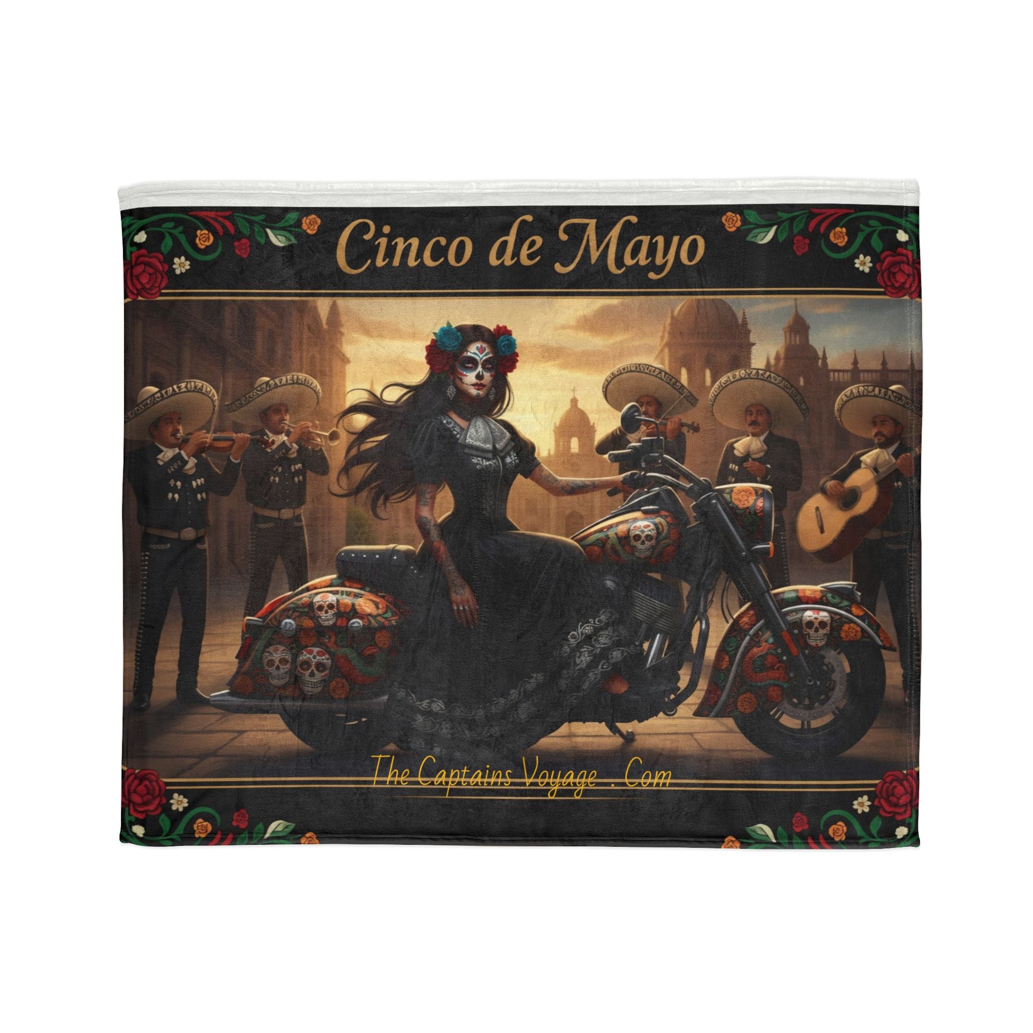 Cinco de Mayo Day of the Dead Motorcycle Blanket — Sugar Skull Rider & Mariachi Design
