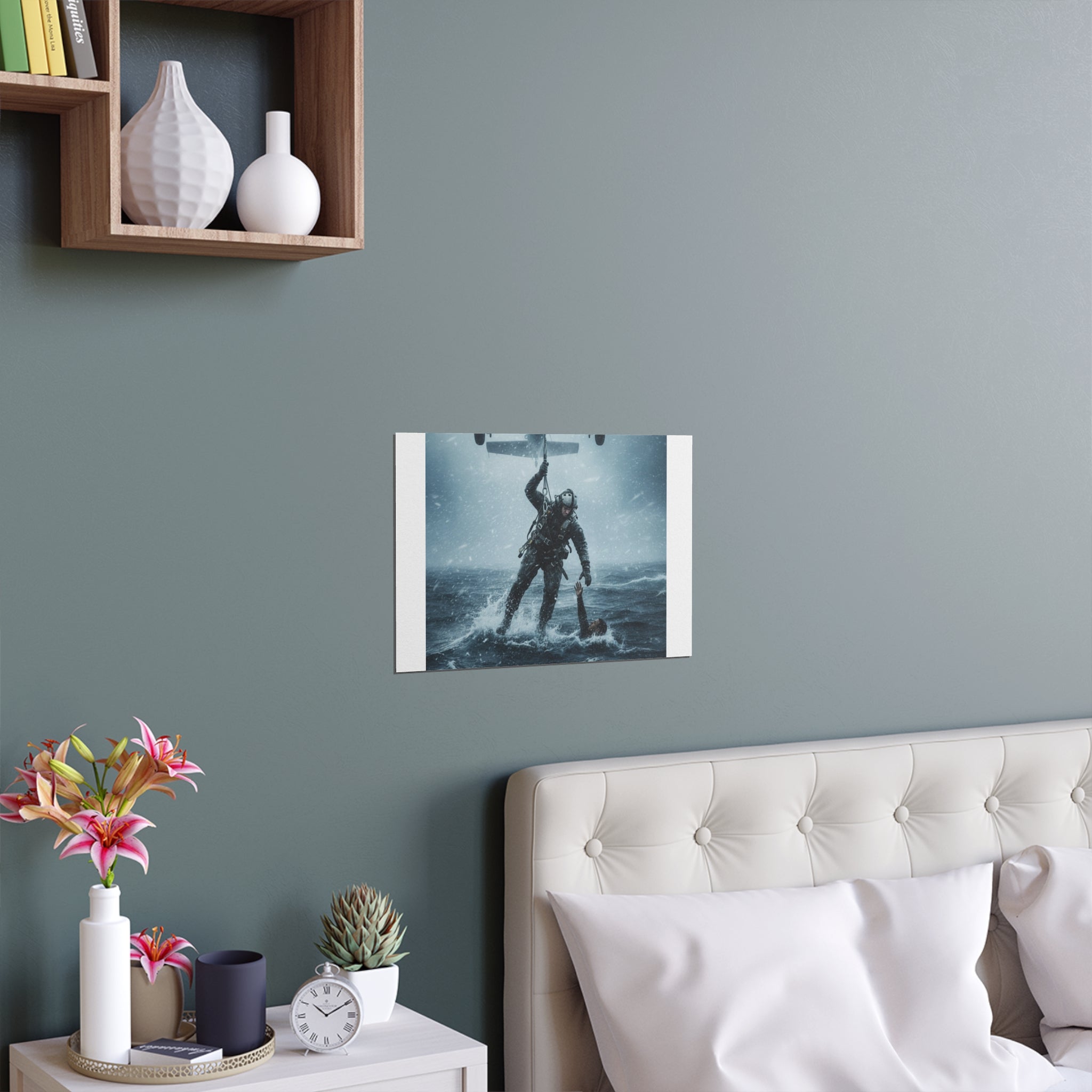 Rescue Diver Silk Poster – Dramatic Sea & Helicopter Wall Art (Indoor/Outdoor)