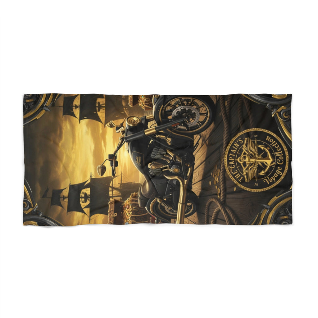 Vintage Motorcycle Beach Towel — Biker Skull & Compass Sunset Design